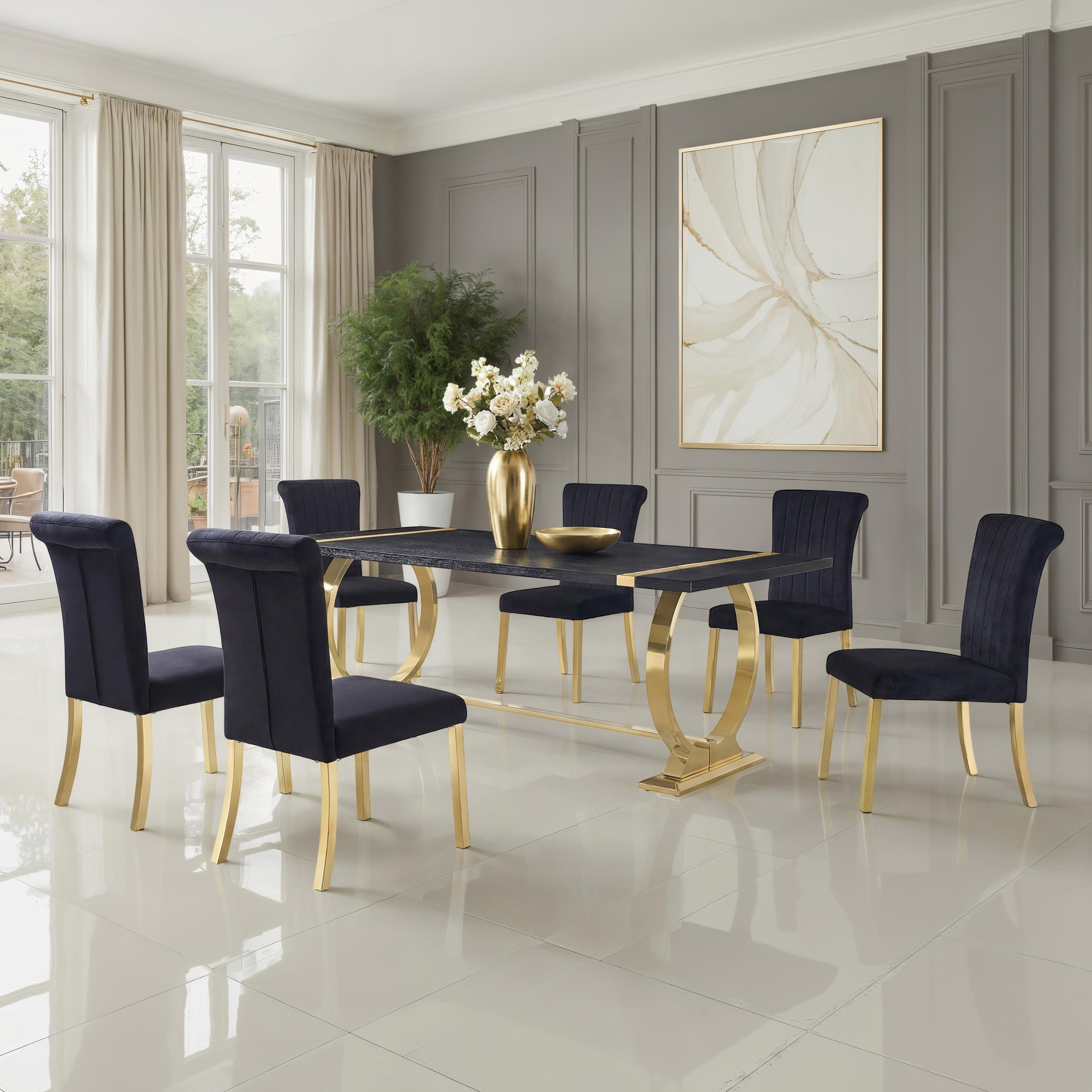 Furniture Of America Carra Glam 7 Piece Stainless Steel 80 Inch Upholstered Dining Table Set