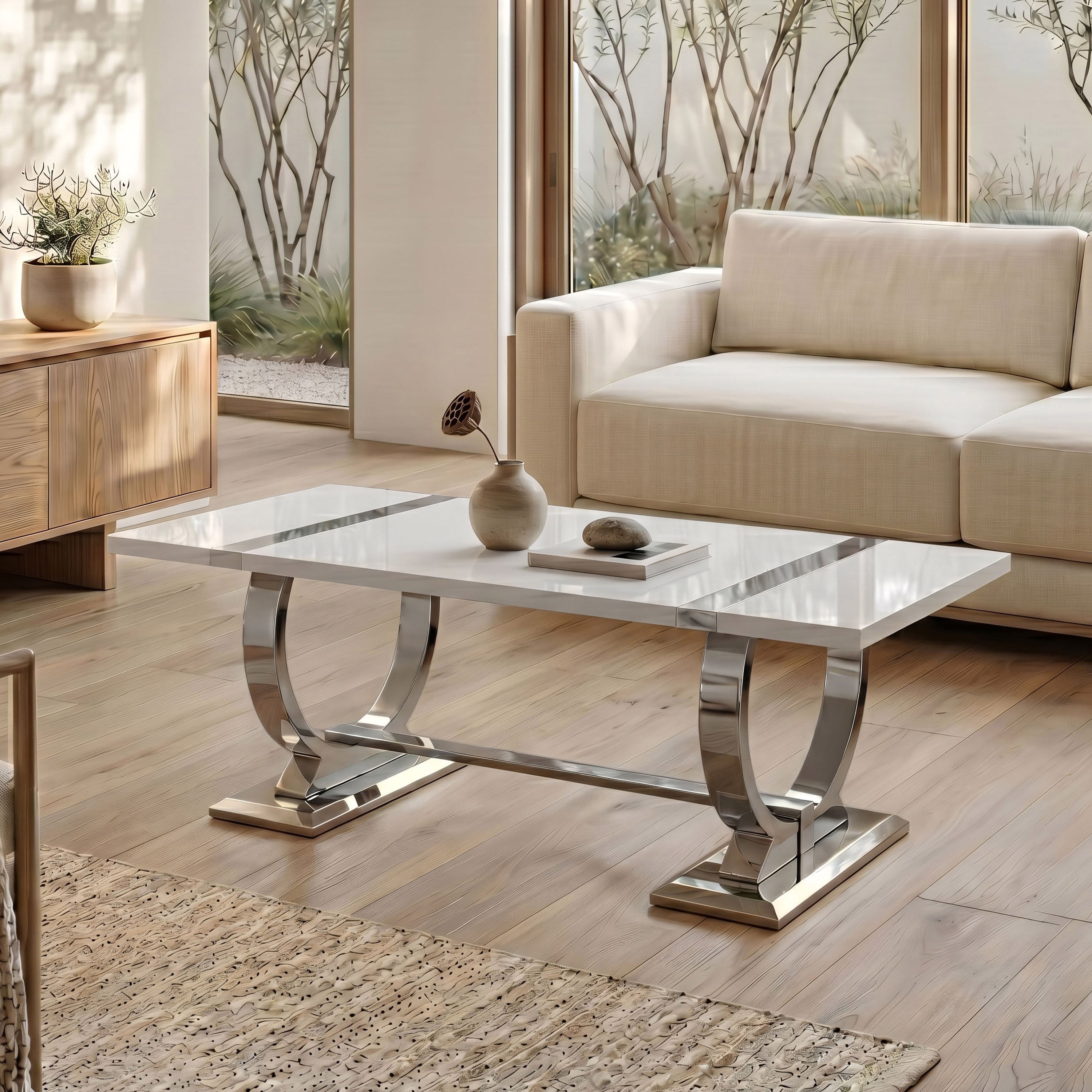 Furniture Of America Carra Modern Stainless Steel O Shaped Trestle Base Coffee Table