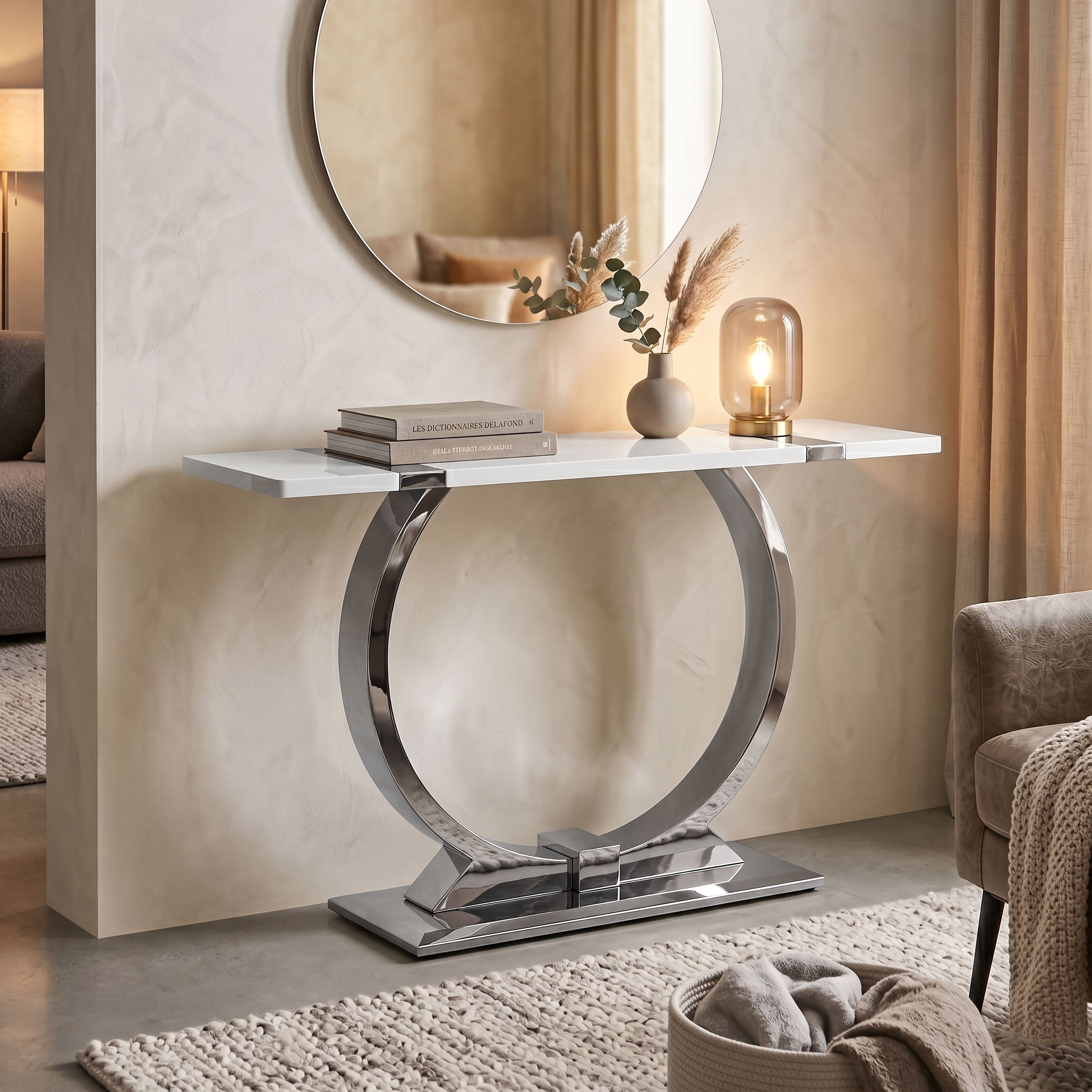 Furniture Of America Carra Modern Stainless Steel O Shaped Trestle Base Sofa Table