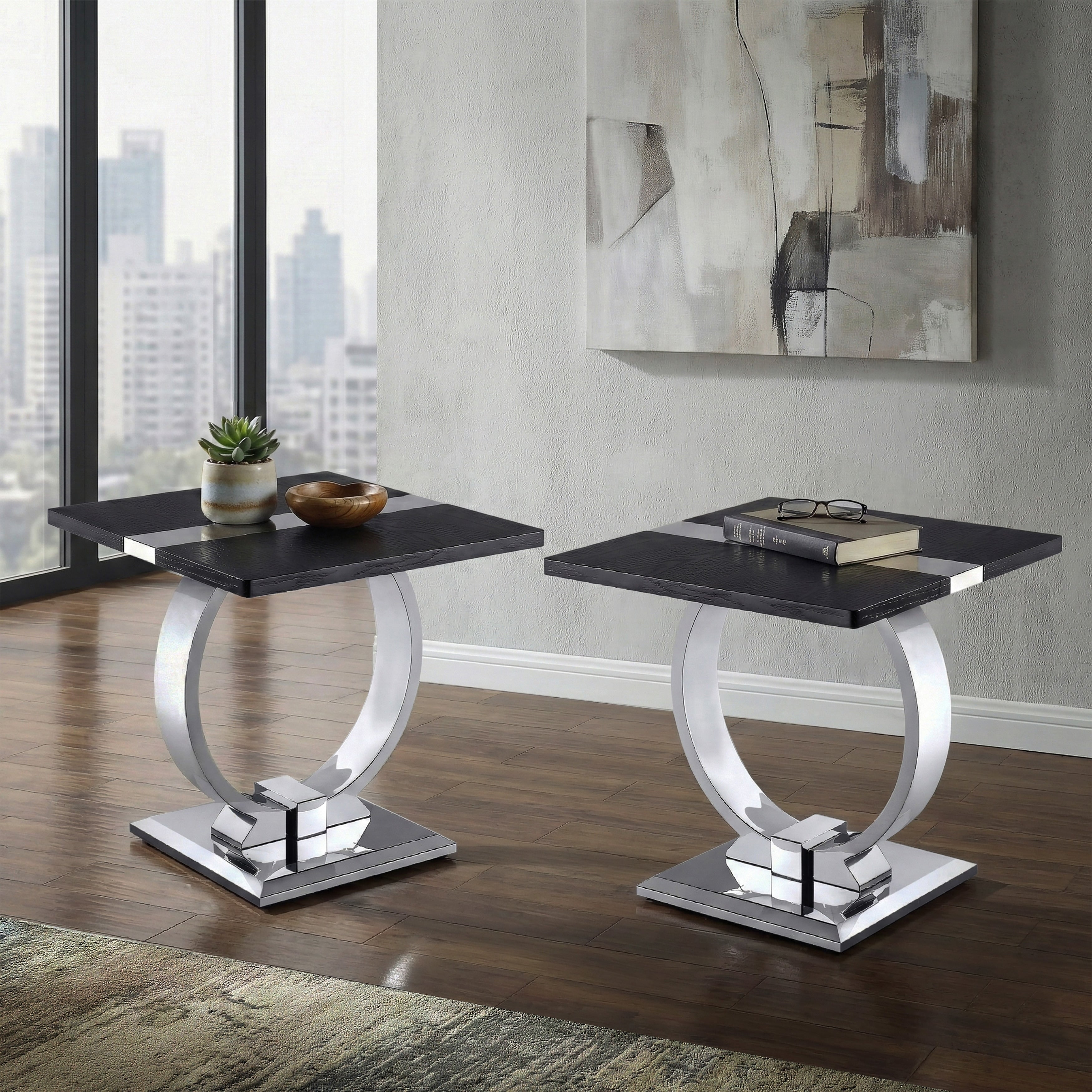 Furniture Of America Carra Modern Stainless Steel O Shaped Trestle Base Square End Table Set Of 2
