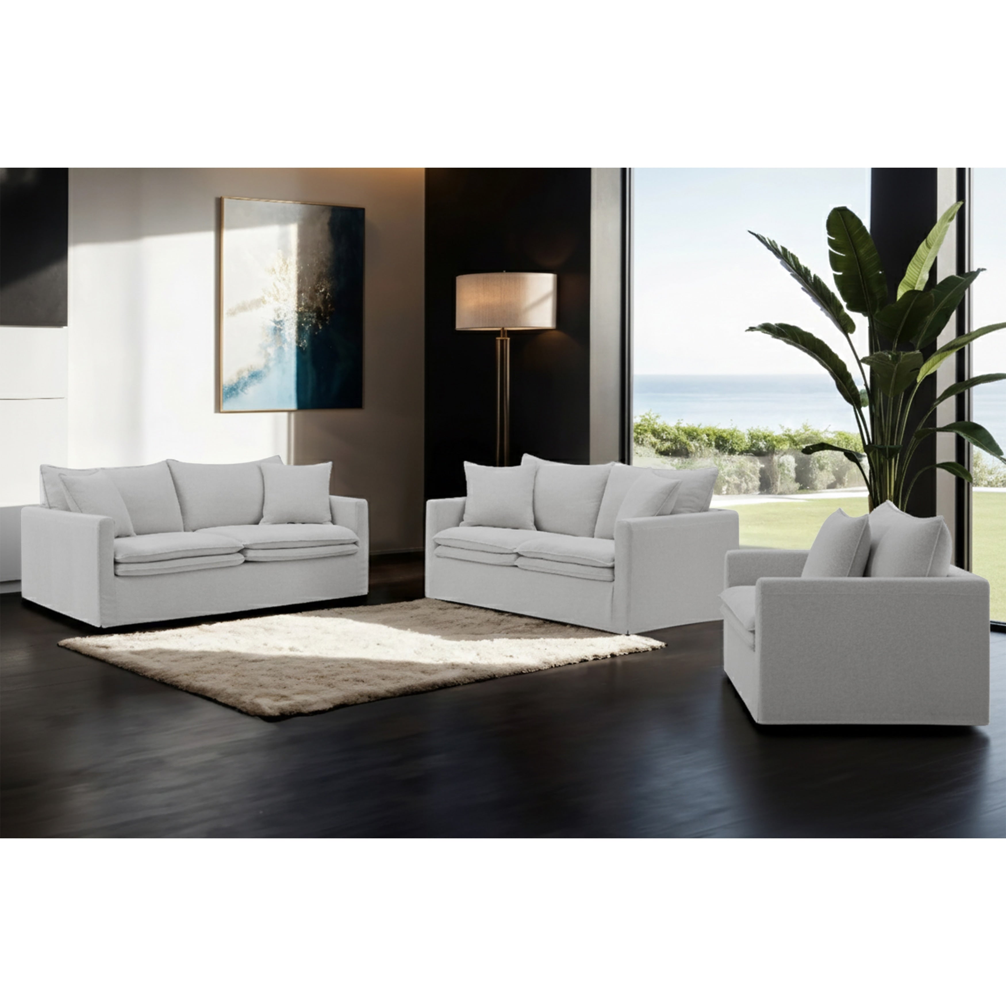 Furniture Of America Caspian 3 Piece Light Grey Fsc Oeko Tex Linen Sofa Set With Feather Blend Cushions