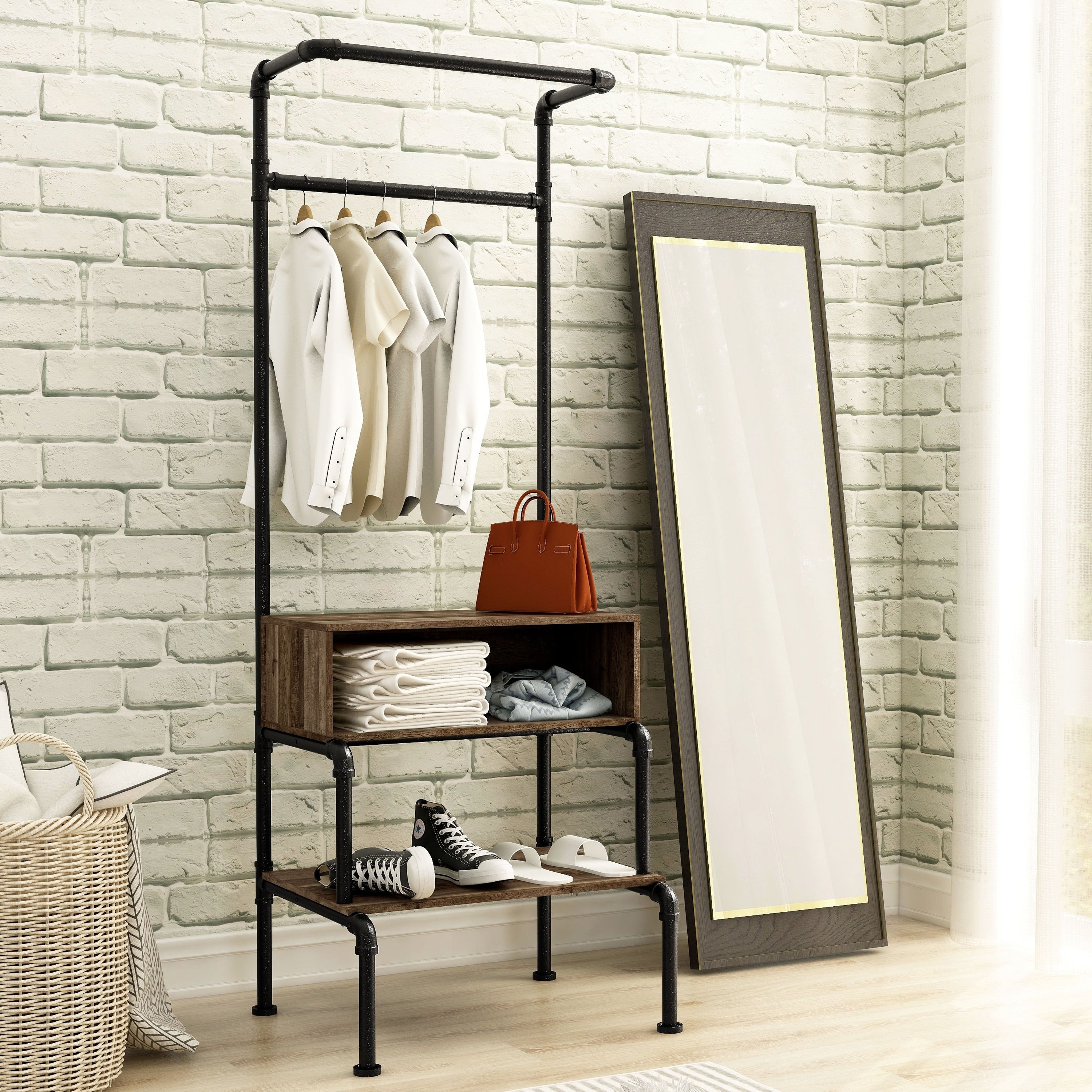 Furniture Of America Cassia Industrial Reclaimed Oak Finish Clothes Garment Rack