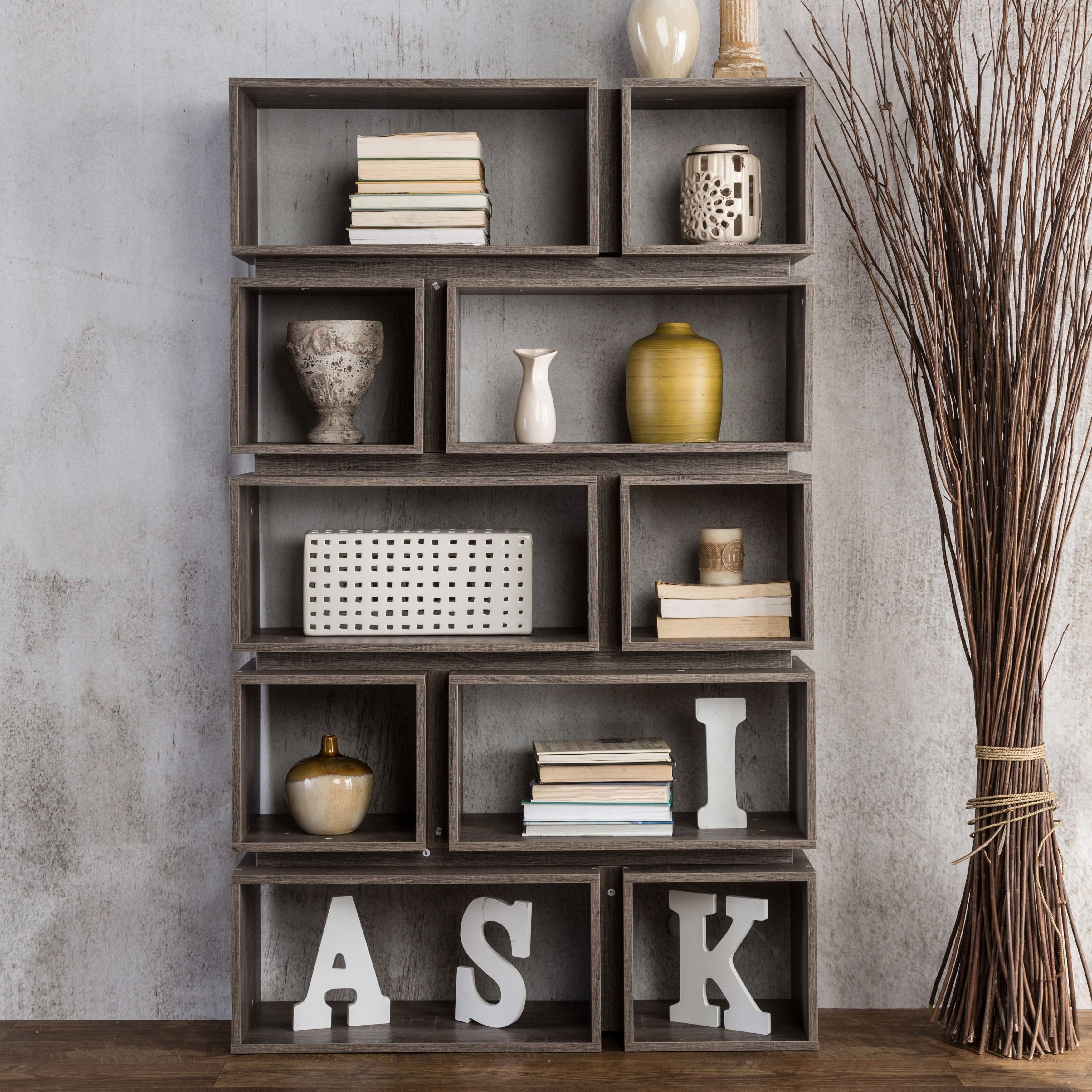 Furniture Of America Cassidy Tiered Distressed Grey 10 Shelf Open Bookcase