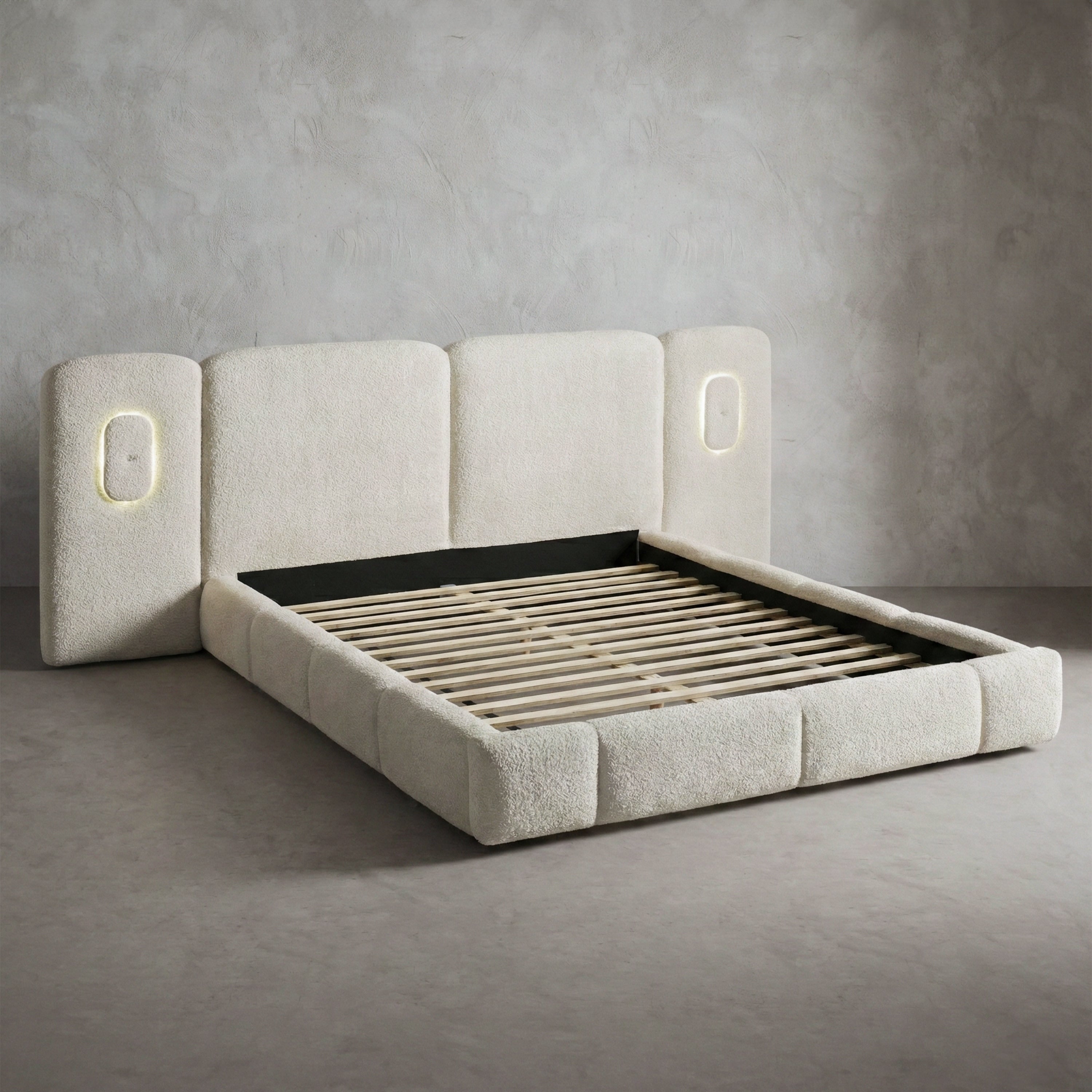 Furniture Of America Ceyla Modern Ivory Boucle Platform Bed With Led Lights On Wall Panels