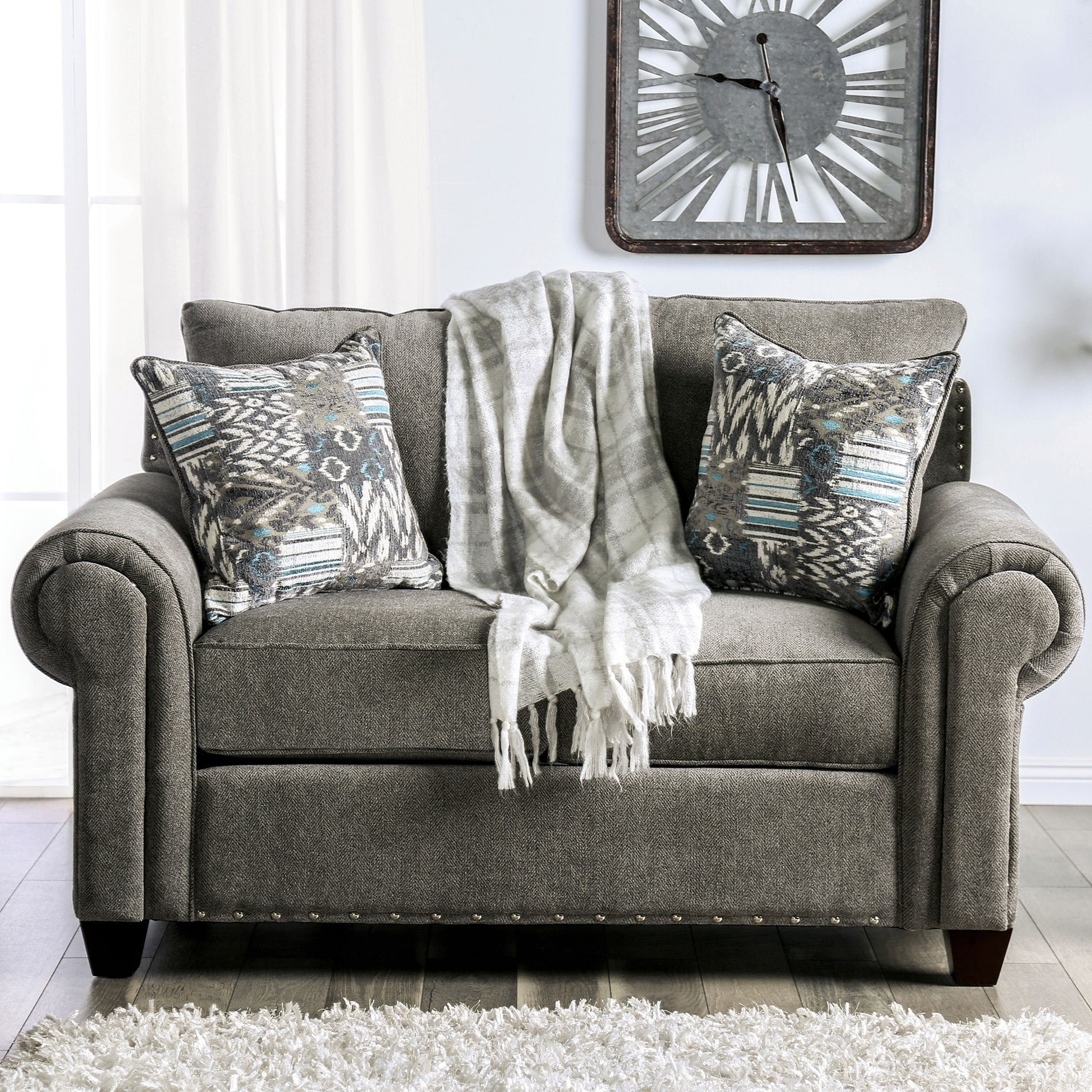 Copper Grove Tqibuli Grey Loveseat With Nailhead Trim