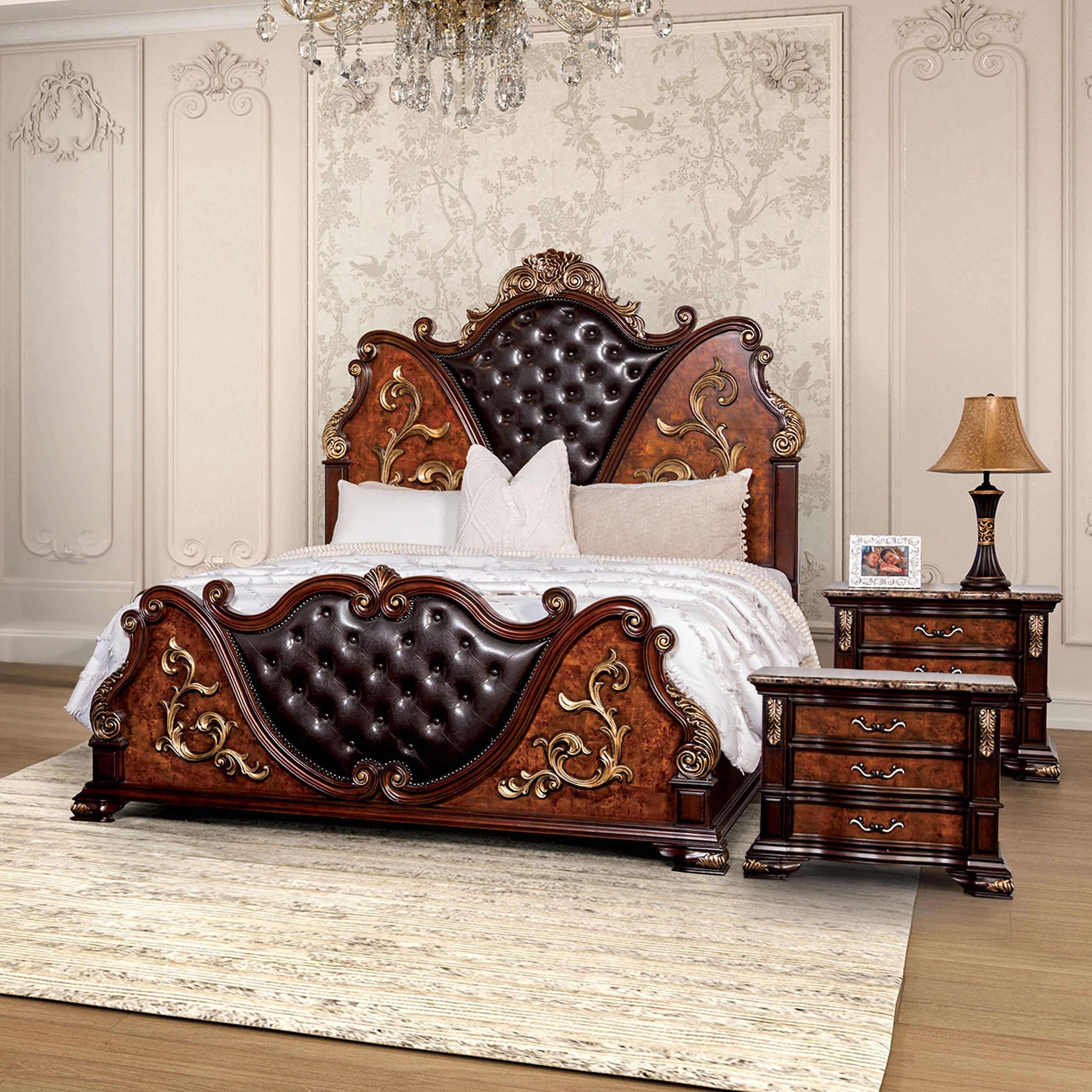 Furniture Of America Cresswell Traditional 3 Piece Dark Cherry Faux Leather Tufted Panel Bedroom Set