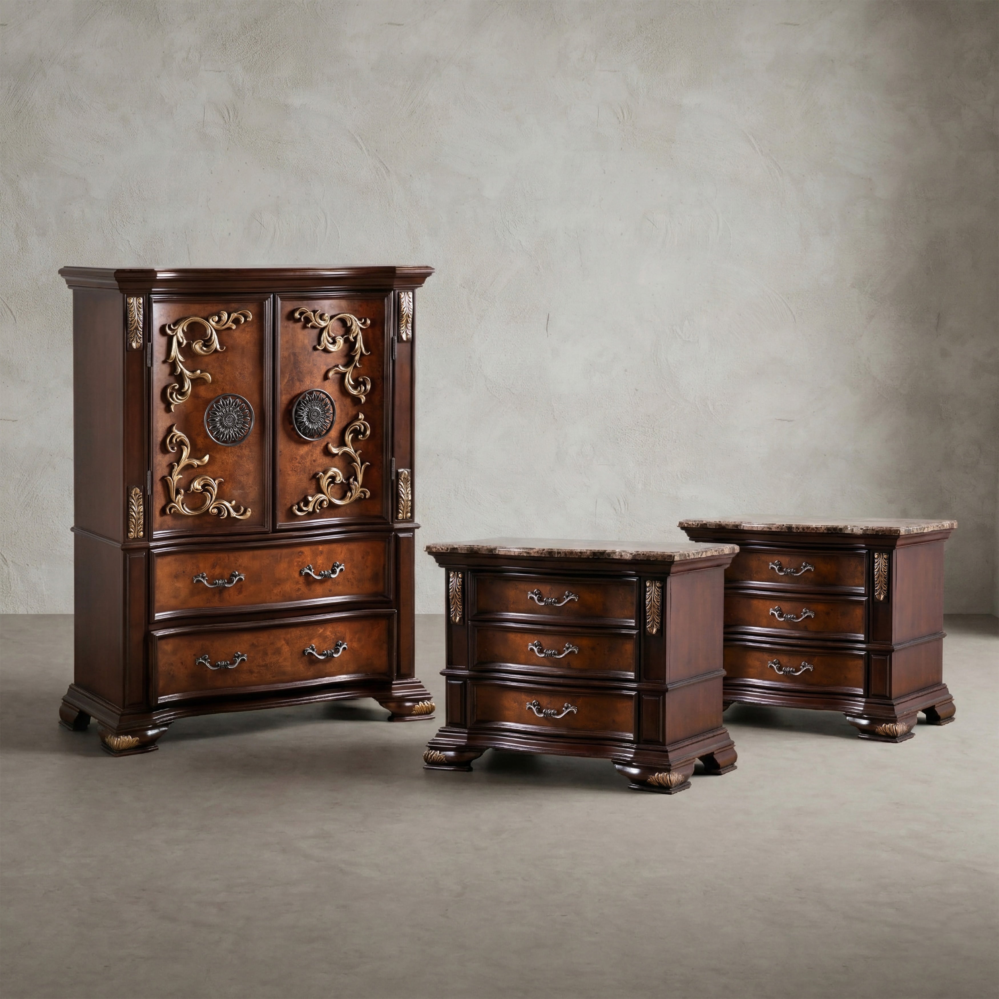 Furniture Of America Cresswell Traditional 3 Piece Dark Cherry And Oak Wood Chest And 2 Nightstand Bedroom Set