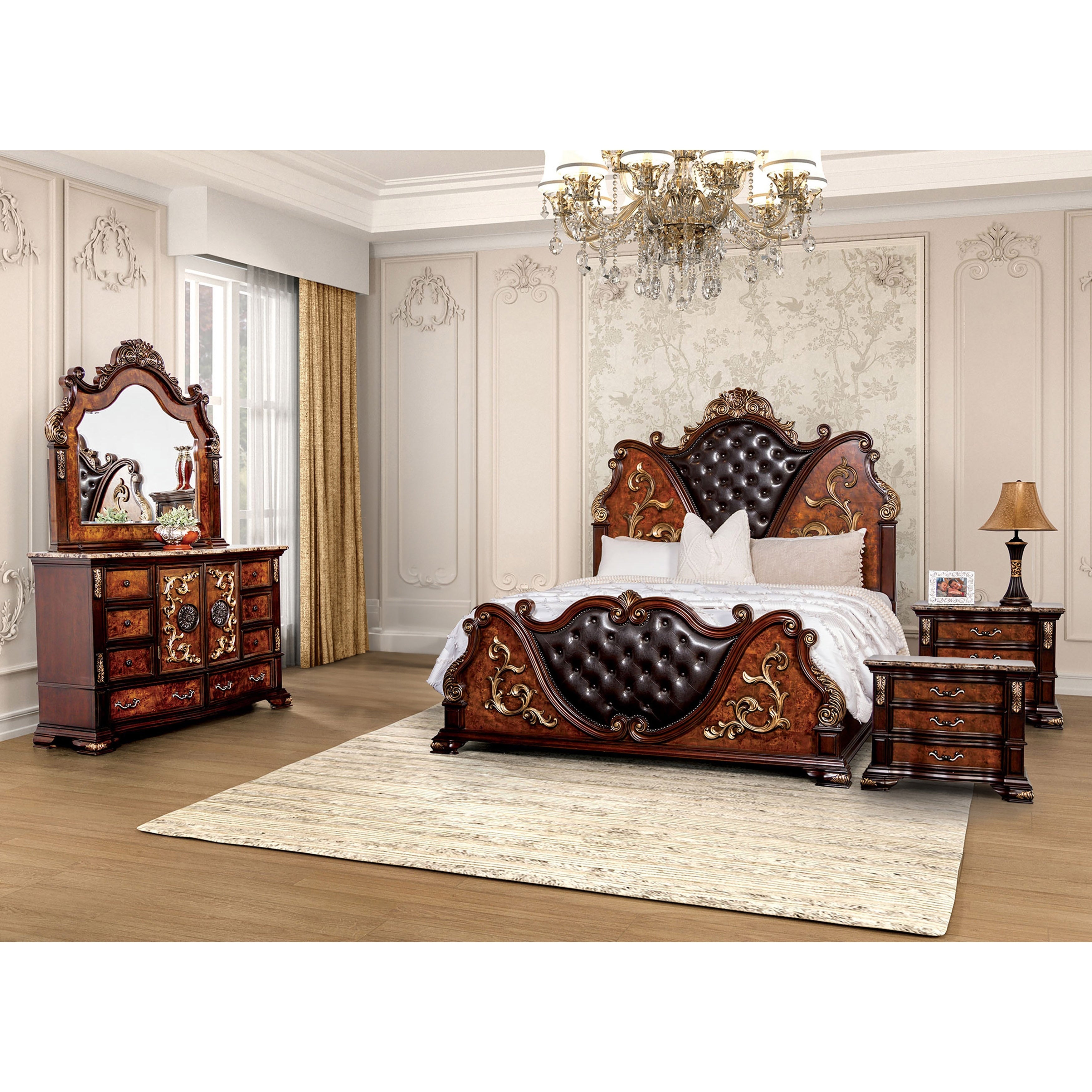 Furniture Of America Cresswell Traditional 5 Piece Dark Cherry Faux Leather Tufted Panel Bedroom Set