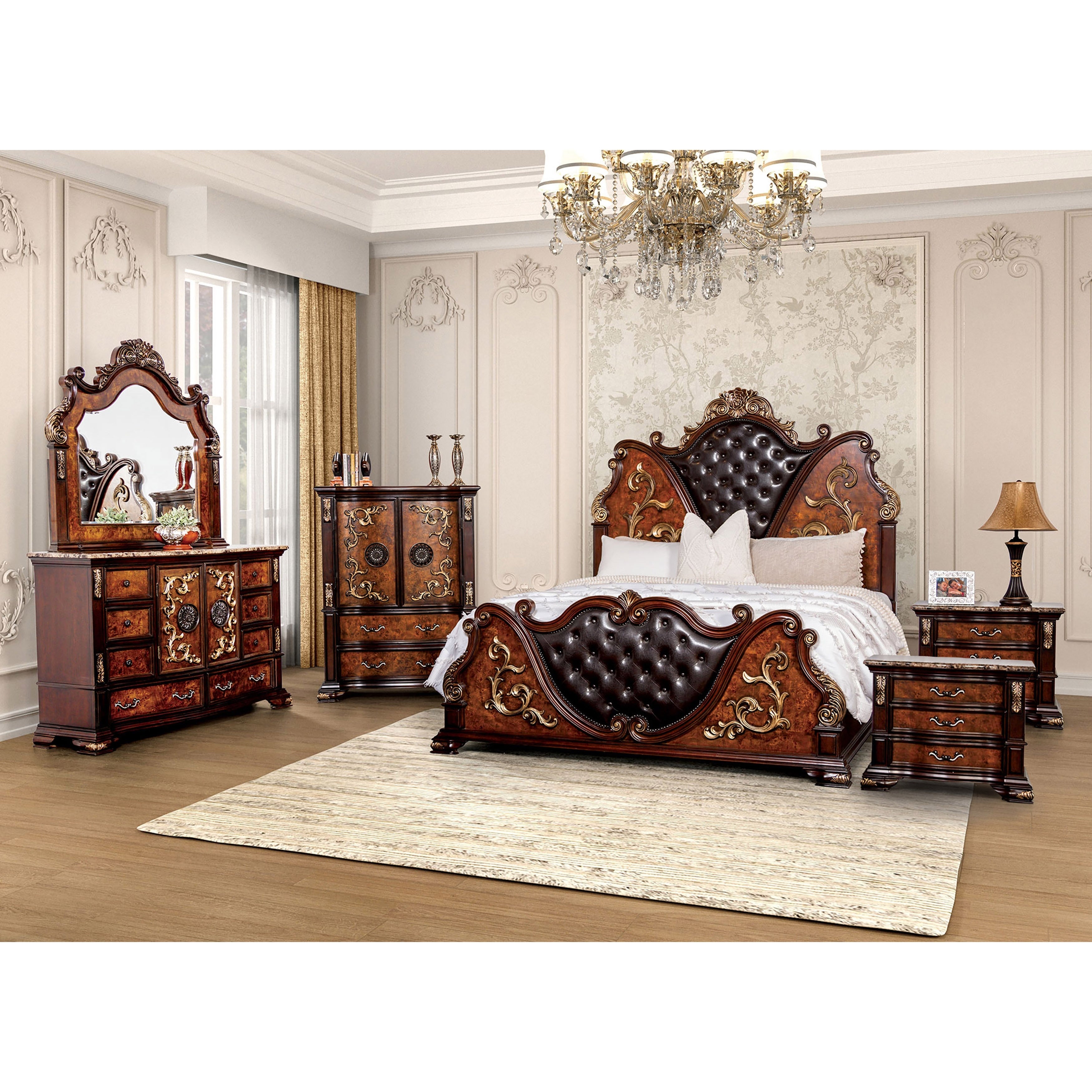 Furniture Of America Cresswell Traditional 6 Piece Dark Cherry Faux Leather Tufted Panel Bedroom Set