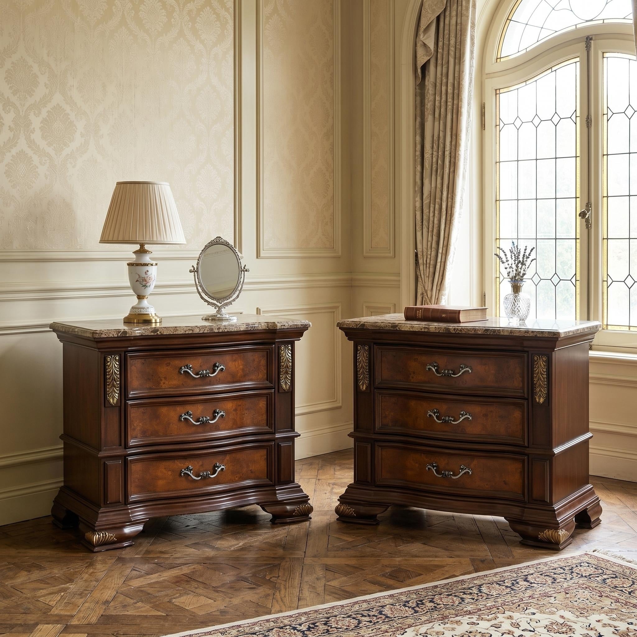 Furniture Of America Cresswell Traditional Dark Cherry And Oak Stone Top 3 Drawer Nightstand Set Of 2