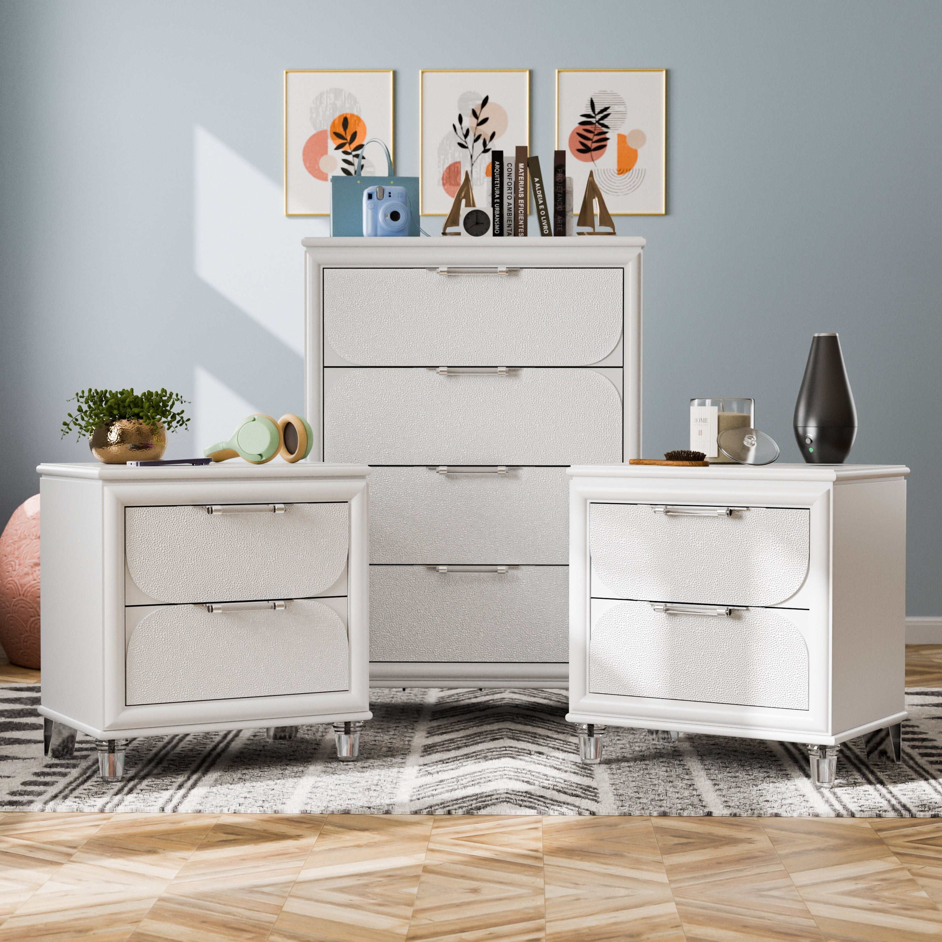 Furniture Of America Drima Modern 3 Piece Pearl White Solid Wood Kids Chest And 2 Nightstand Bedroom Set