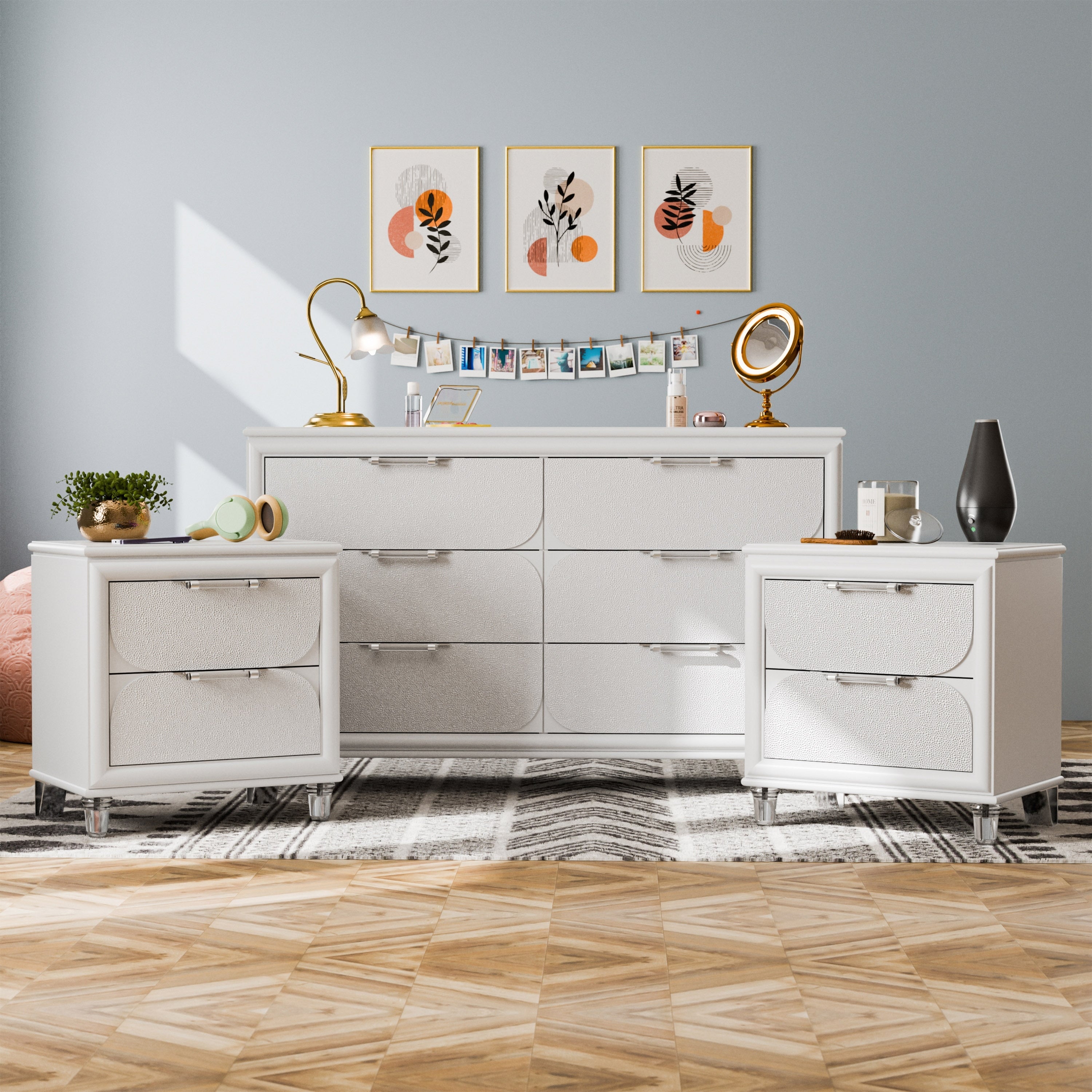 Furniture Of America Drima Modern 3 Piece Pearl White Solid Wood Kids Dresser And 2 Nightstand Bedroom Set