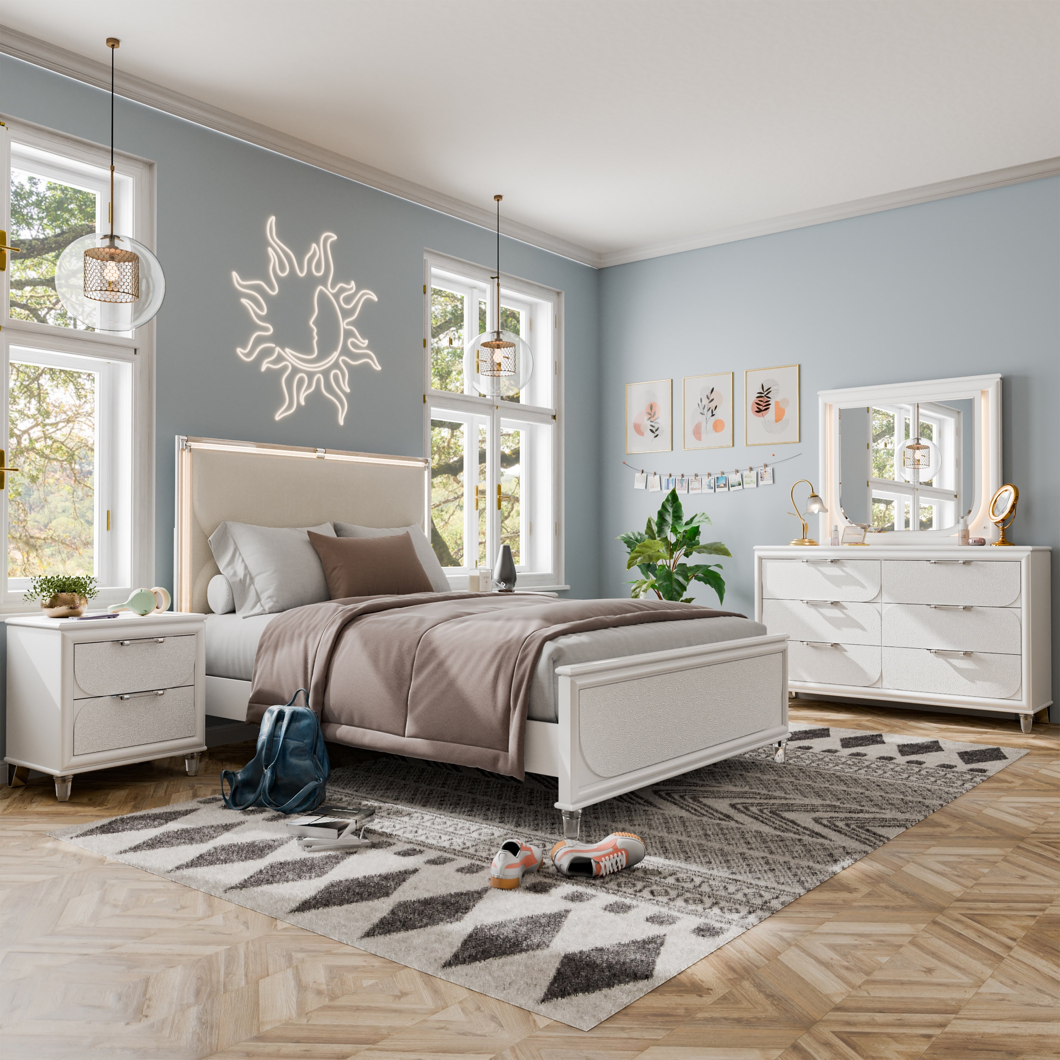 Furniture Of America Drima Modern 4 Piece Pearl White Solid Wood Kids Platform Bedroom Set With Led