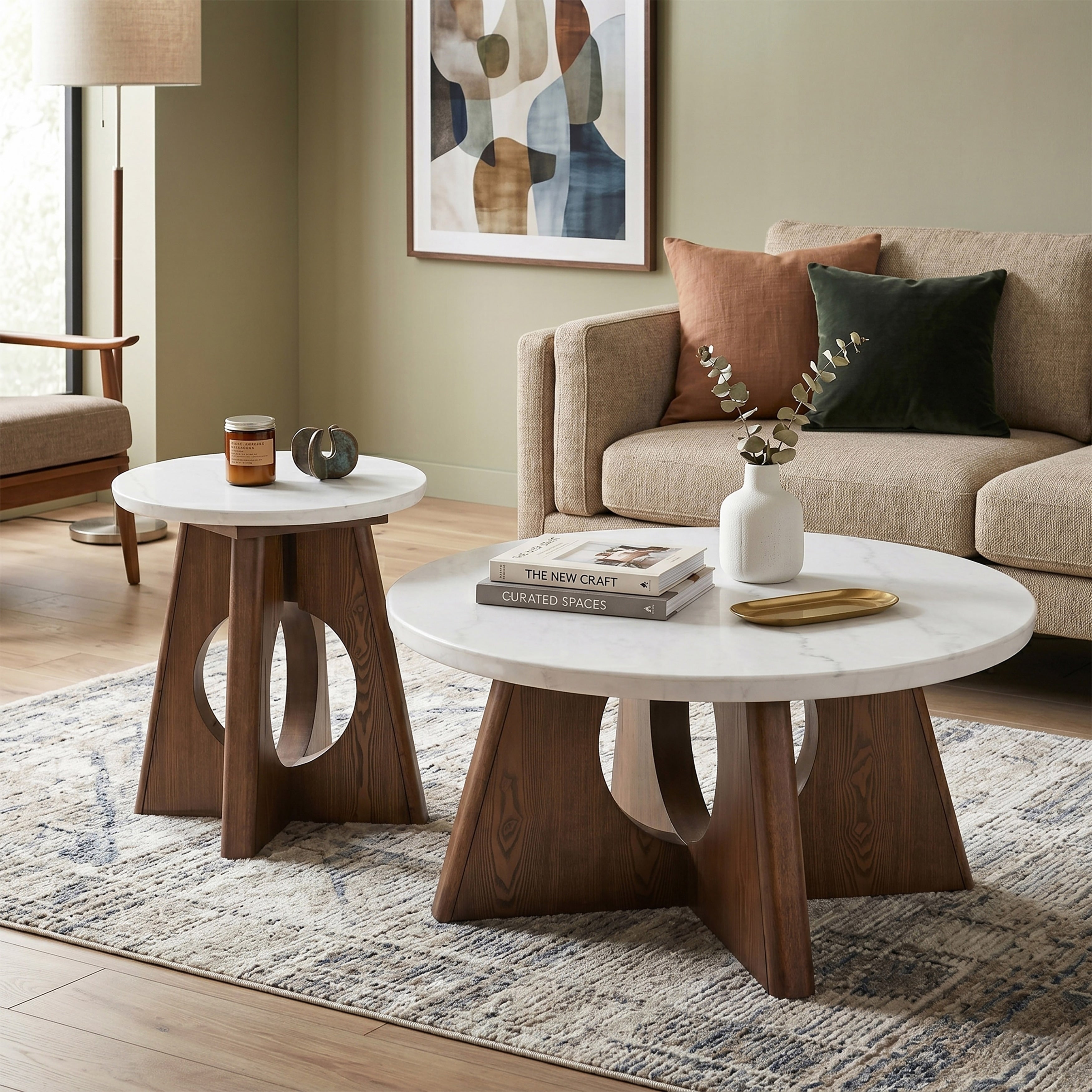 Furniture Of America Eireo Organic Modern 2 Piece Brown Oak Cutout Pedestal Base Coffee Table Set With Genuine Marble Top