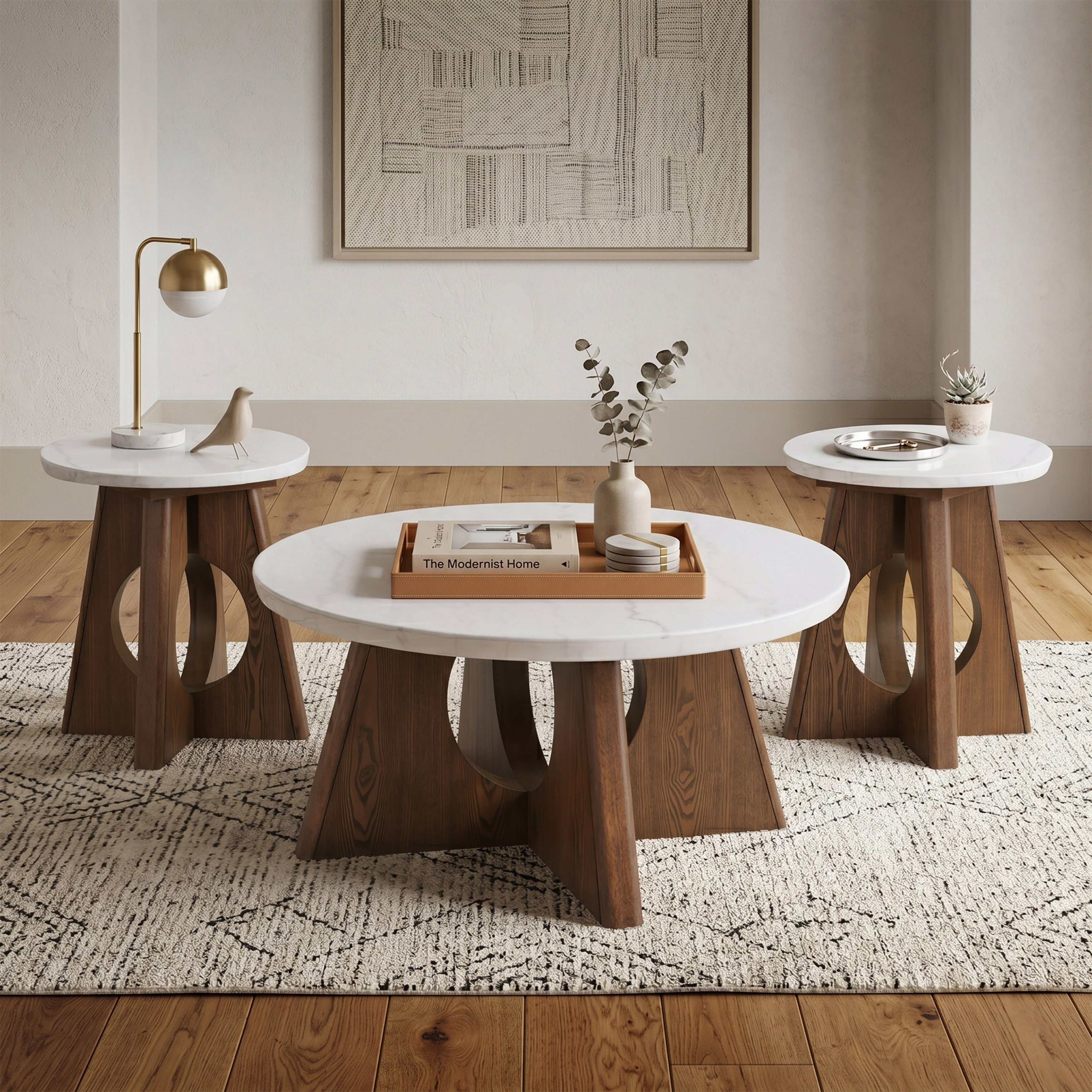 Furniture Of America Eireo Organic Modern 3 Piece Brown Oak Pedestal Base Coffee Table And 2 End Tables Set With Marble Top
