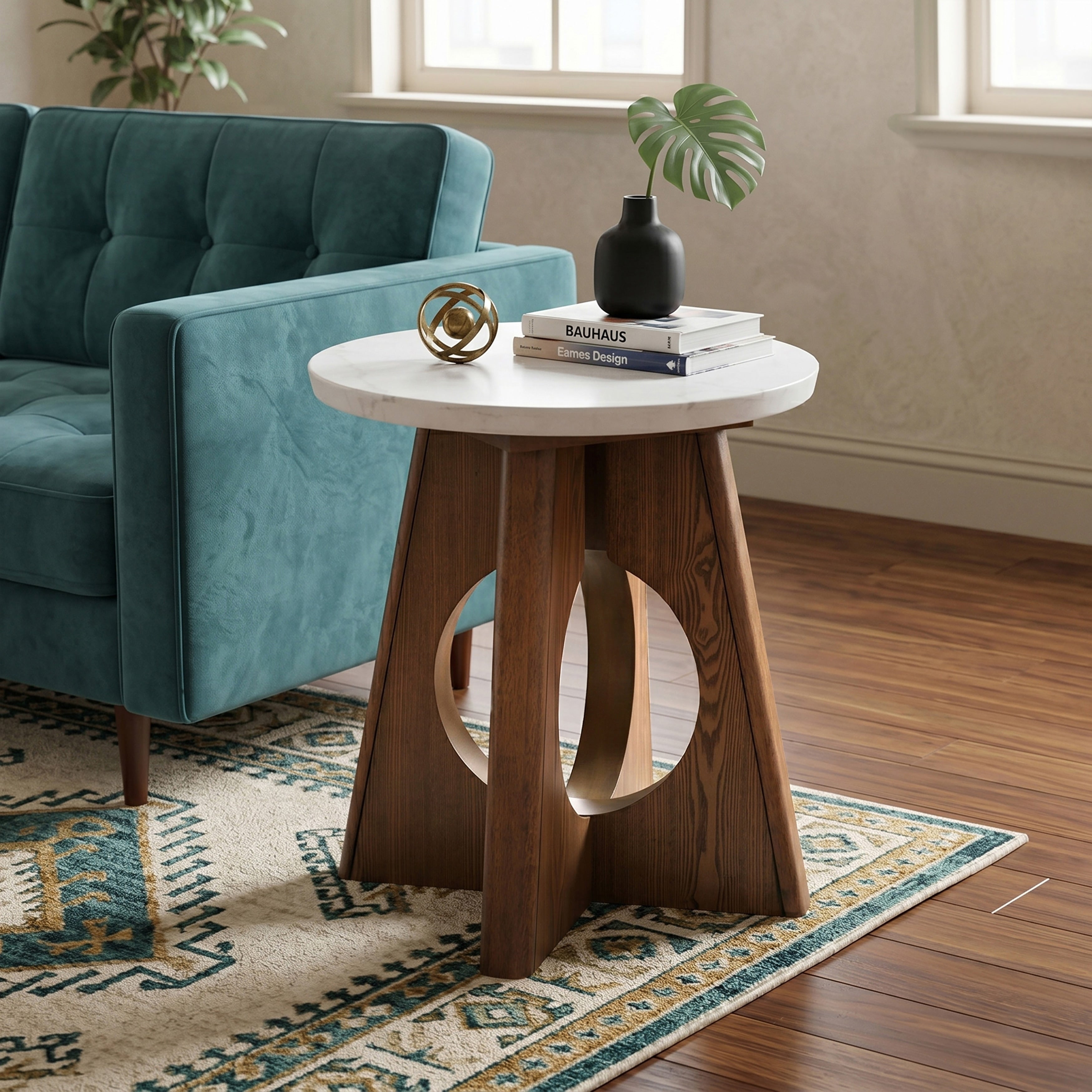 Furniture Of America Eireo Organic Modern Brown Oak Cutout Pedestal Base End Table With Genuine Marble Top