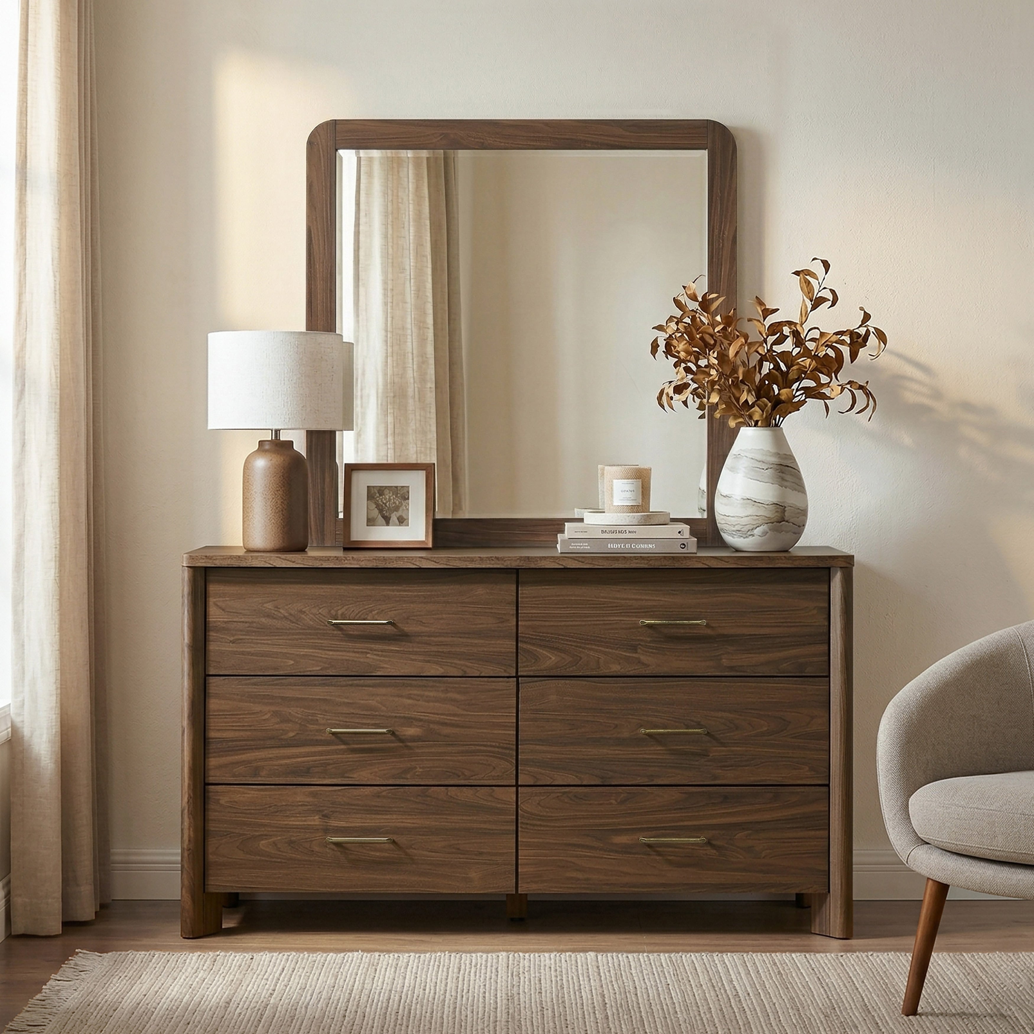 Furniture Of America Elira Mid Century Modern 2 Piece Walnut Wood 6 Drawer Dresser And Mirror Set