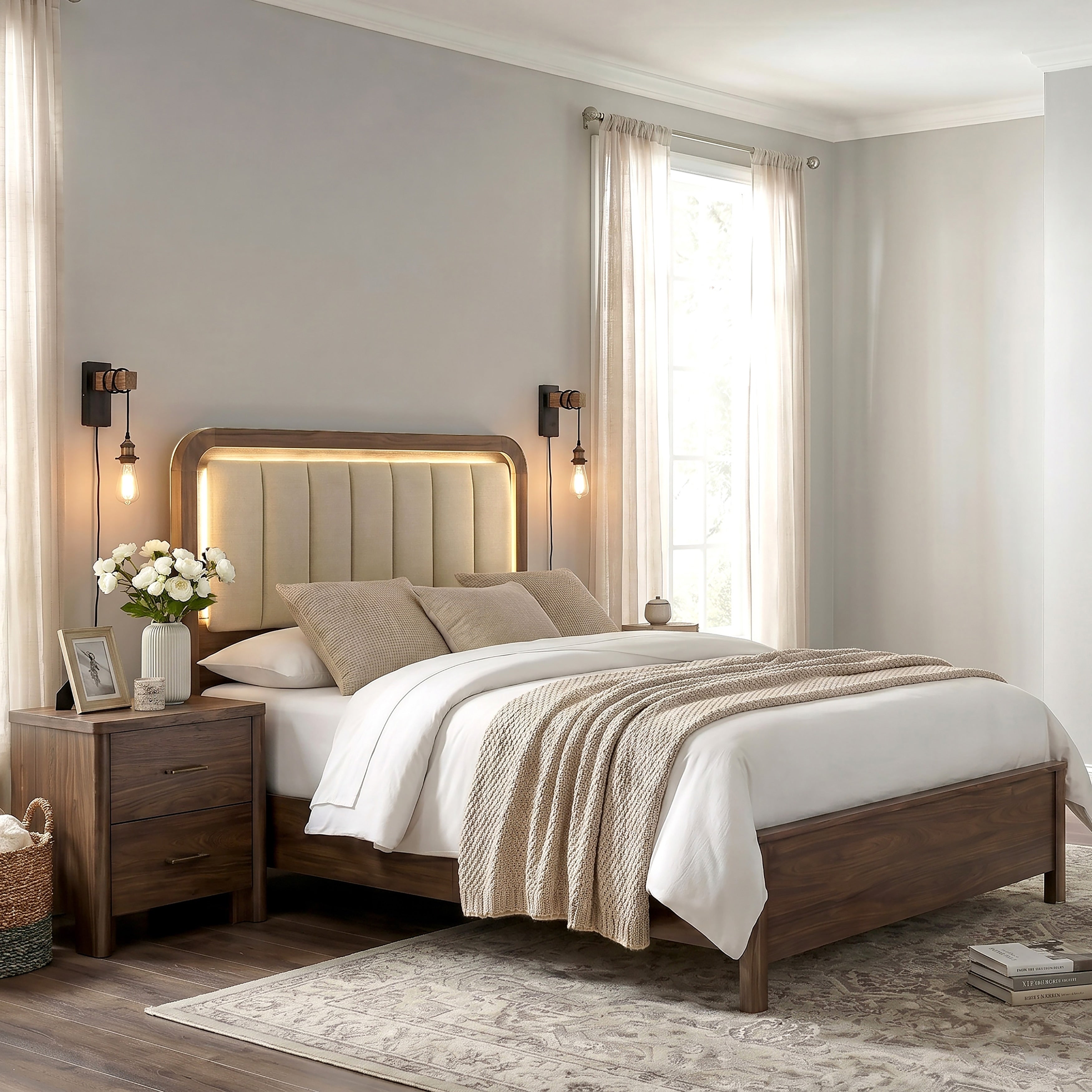 Furniture Of America Elira Mid Century Modern 2 Piece Walnut Wood Bedroom Set With Led Light