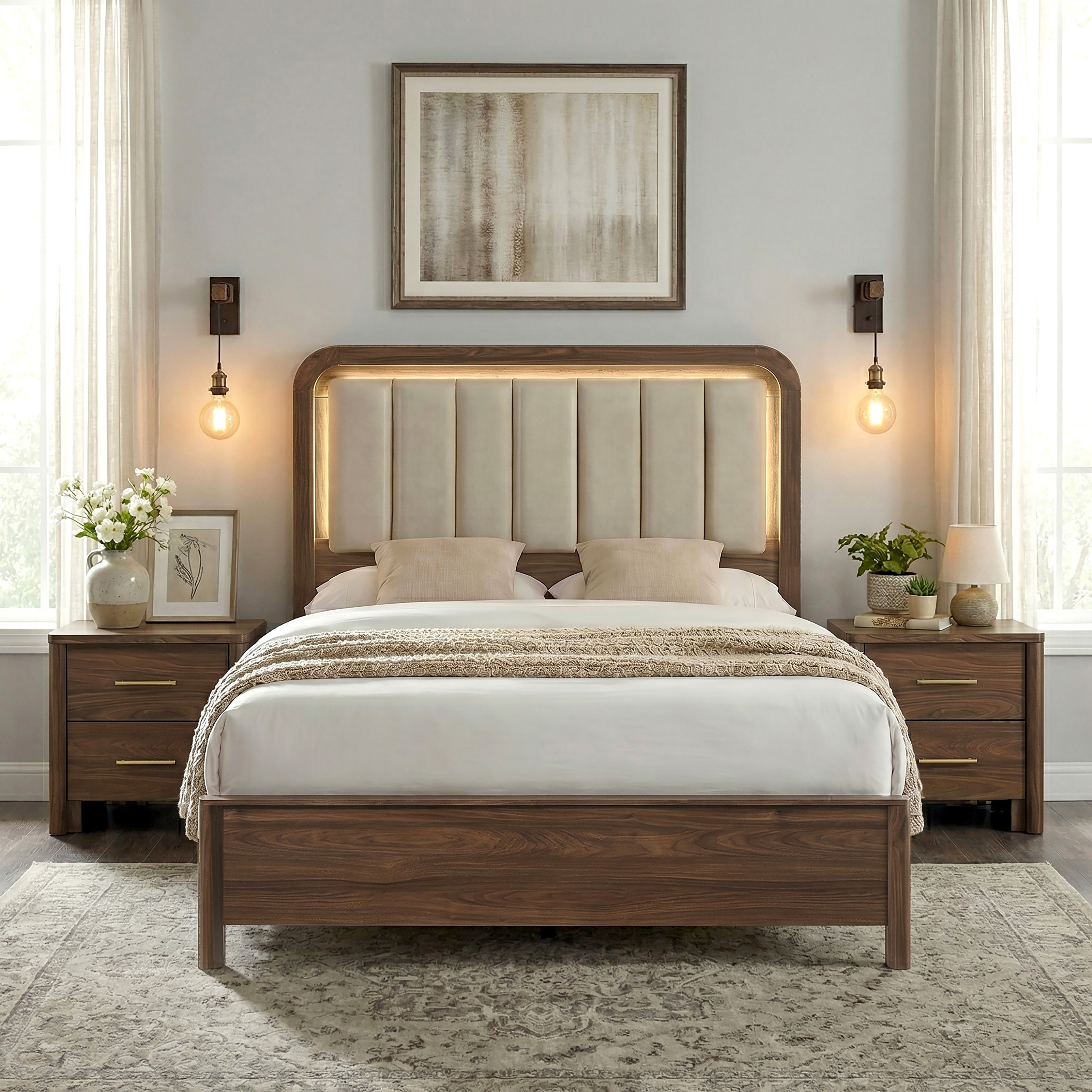 Furniture Of America Elira Mid Century Modern 3 Piece Walnut Wood Bedroom Set With 2 Nightstands And Led Light
