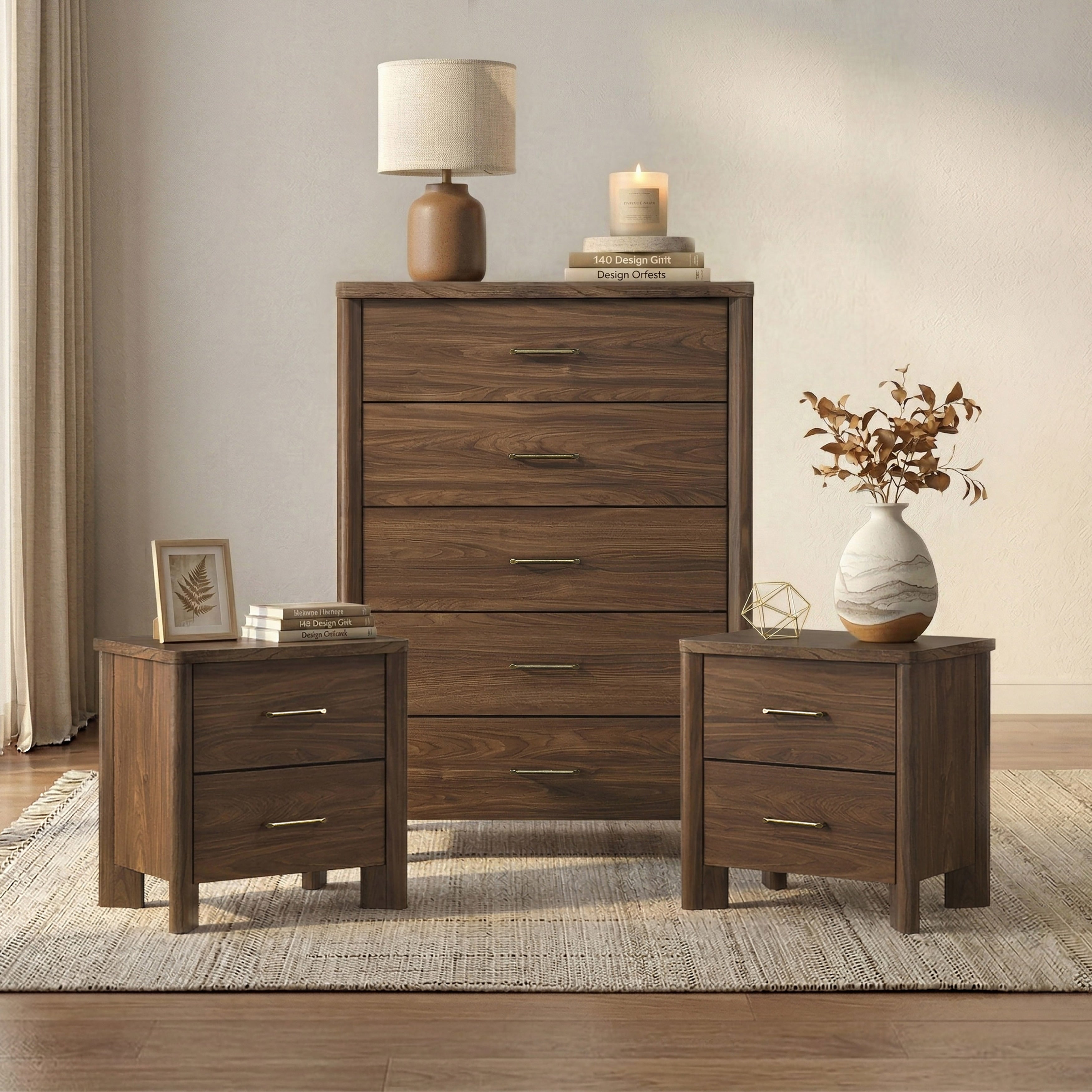 Furniture Of America Elira Mid Century Modern 3 Piece Walnut Wood Chest And 2 Nightstands Bedroom Set