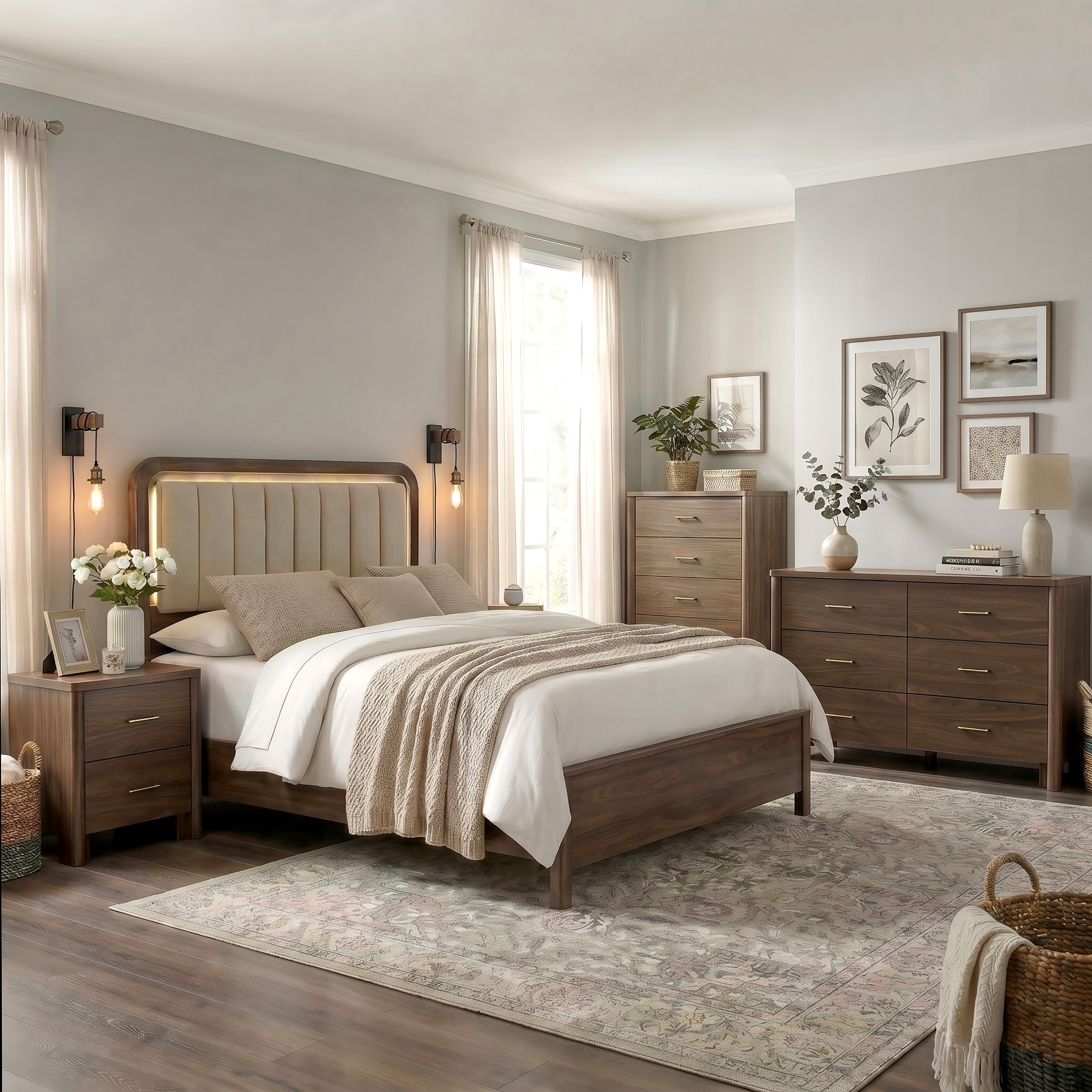 Furniture Of America Elira Mid Century Modern 4 Piece Walnut Wood Bedroom Set With Led Light