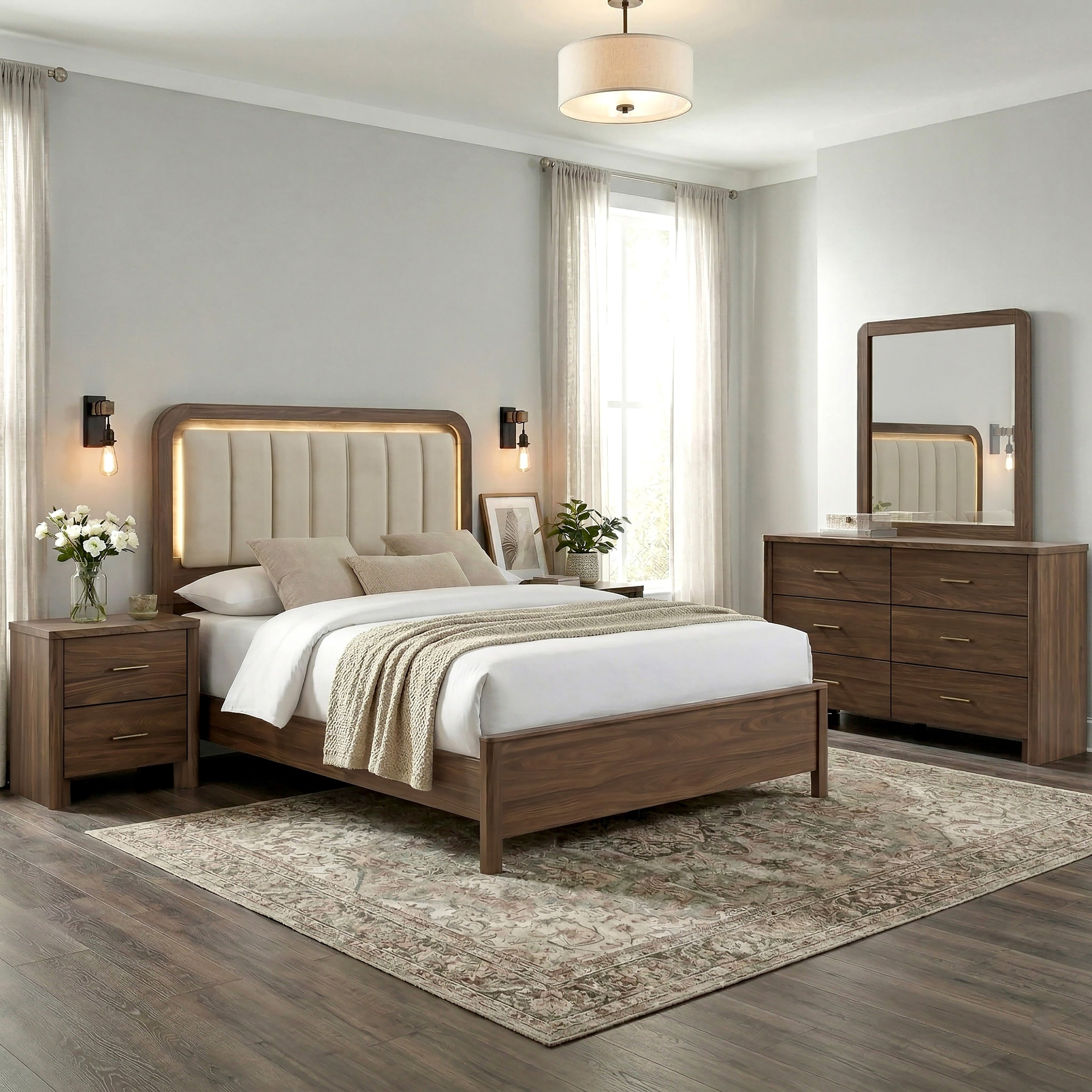 Furniture Of America Elira Mid Century Modern 5 Piece Walnut Wood Bedroom Set With Led Light