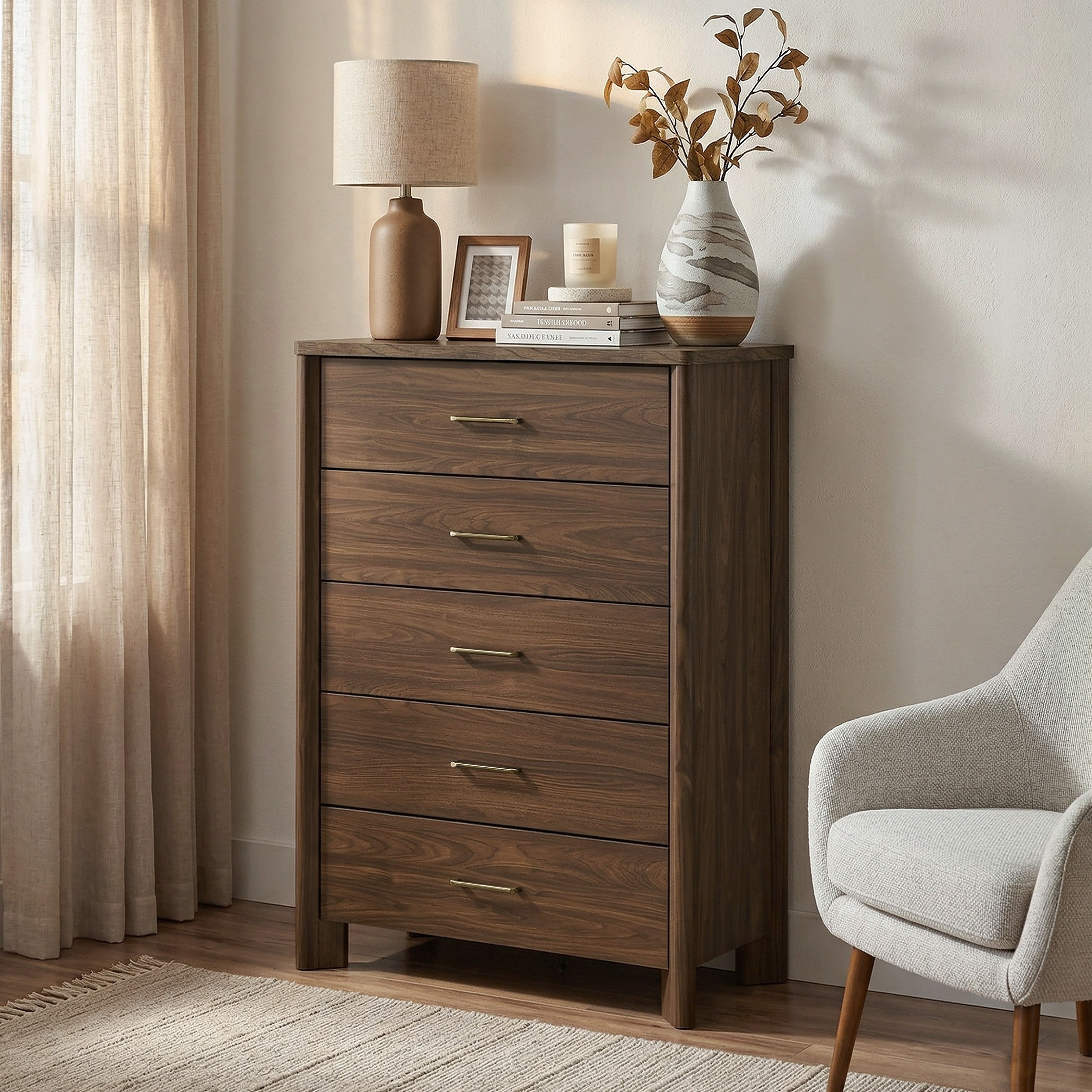 Furniture Of America Elira Mid Century Modern Walnut Wood 5 Drawer Chest