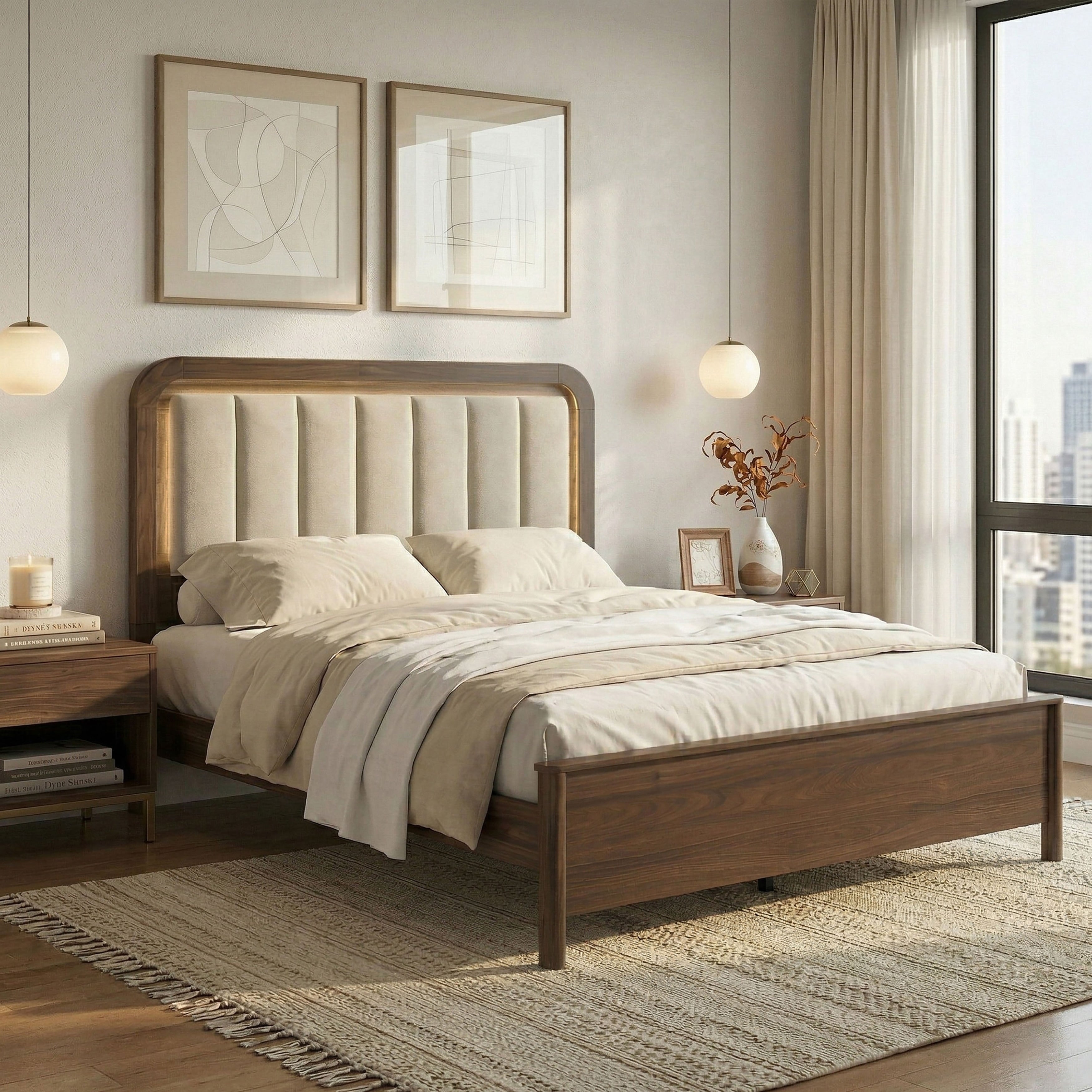 Furniture Of America Elira Mid Century Modern Walnut Wood Panel Bed With Padded Headboard And Led Light