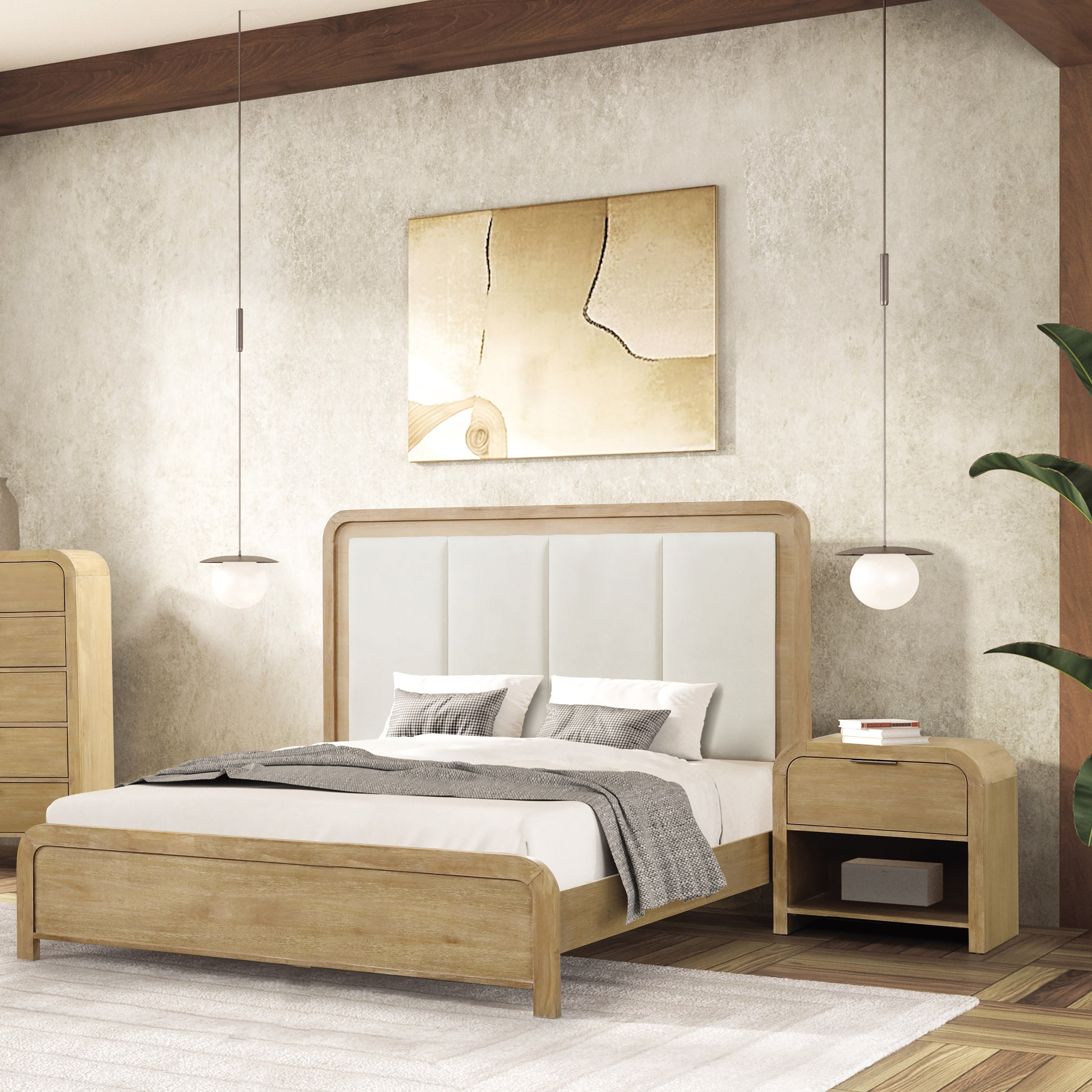 Furniture Of America Elowyn 2 Piece Natural Solid Wood Upholstered Channel Panel Bedroom Set