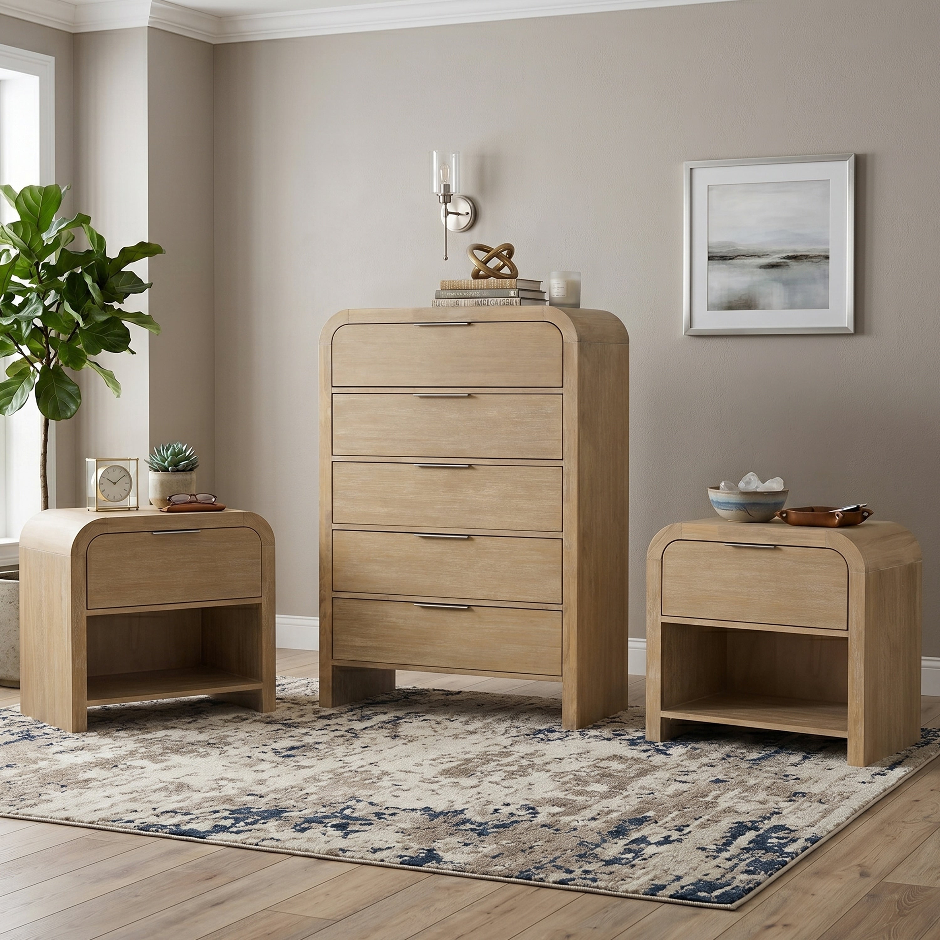 Furniture Of America Elowyn 3 Piece Natural Solid Wood Chest And 2 Nightstand Bedroom Set