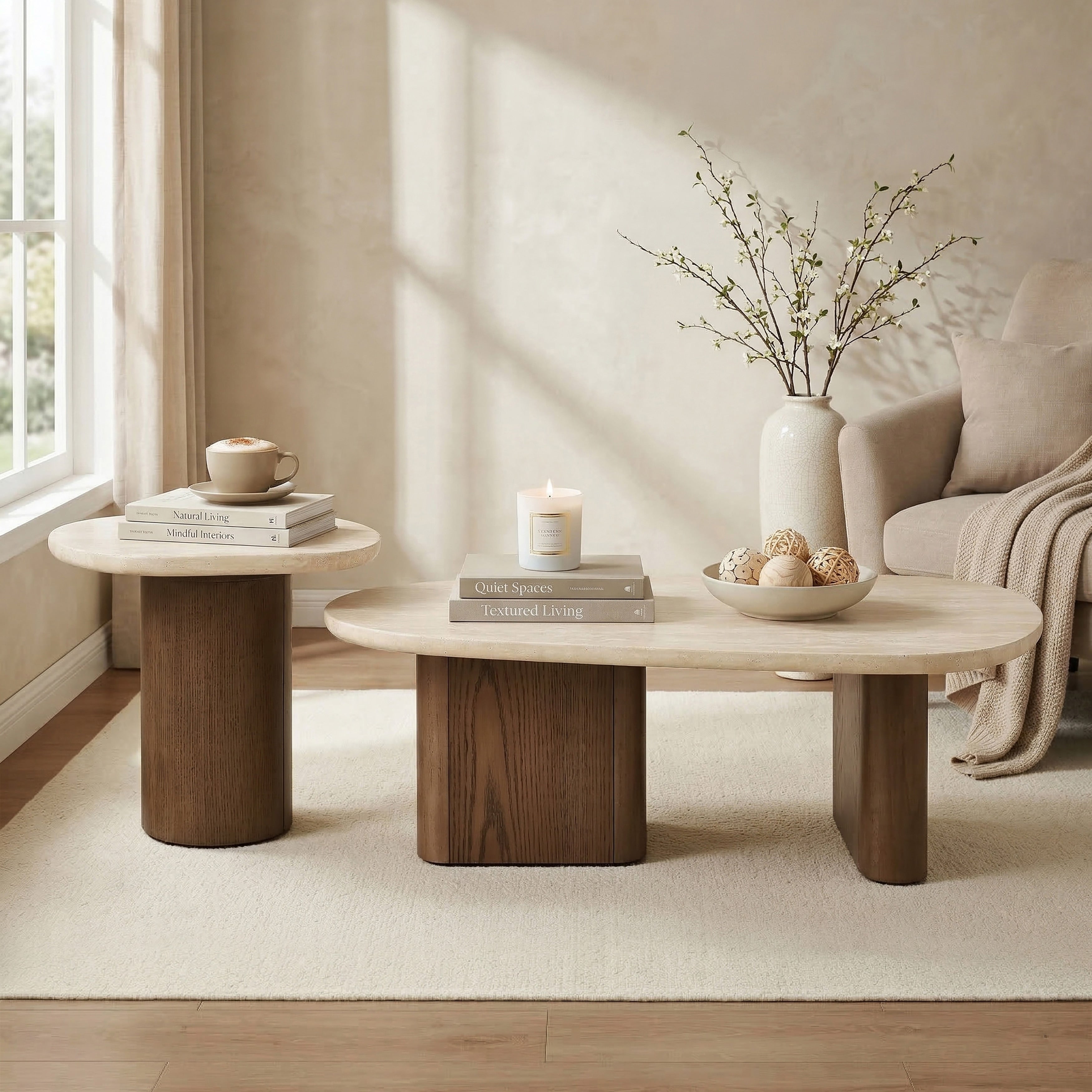 Furniture Of America Elrik Modern 2 Piece Brown Oak Wood Coffee Table Set With Yellow Rounded Edge Travertine Top