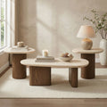 Furniture Of America Elrik Modern 3 Piece Brown Oak Wood Coffee Table And 2 End Tables Set With Rounded Edge Travertine Top