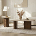 Furniture Of America Elrik Modern Brown Oak Wood Pedestal Base End Table With Bullnose Profile Edge Travertine Top Set Of 2