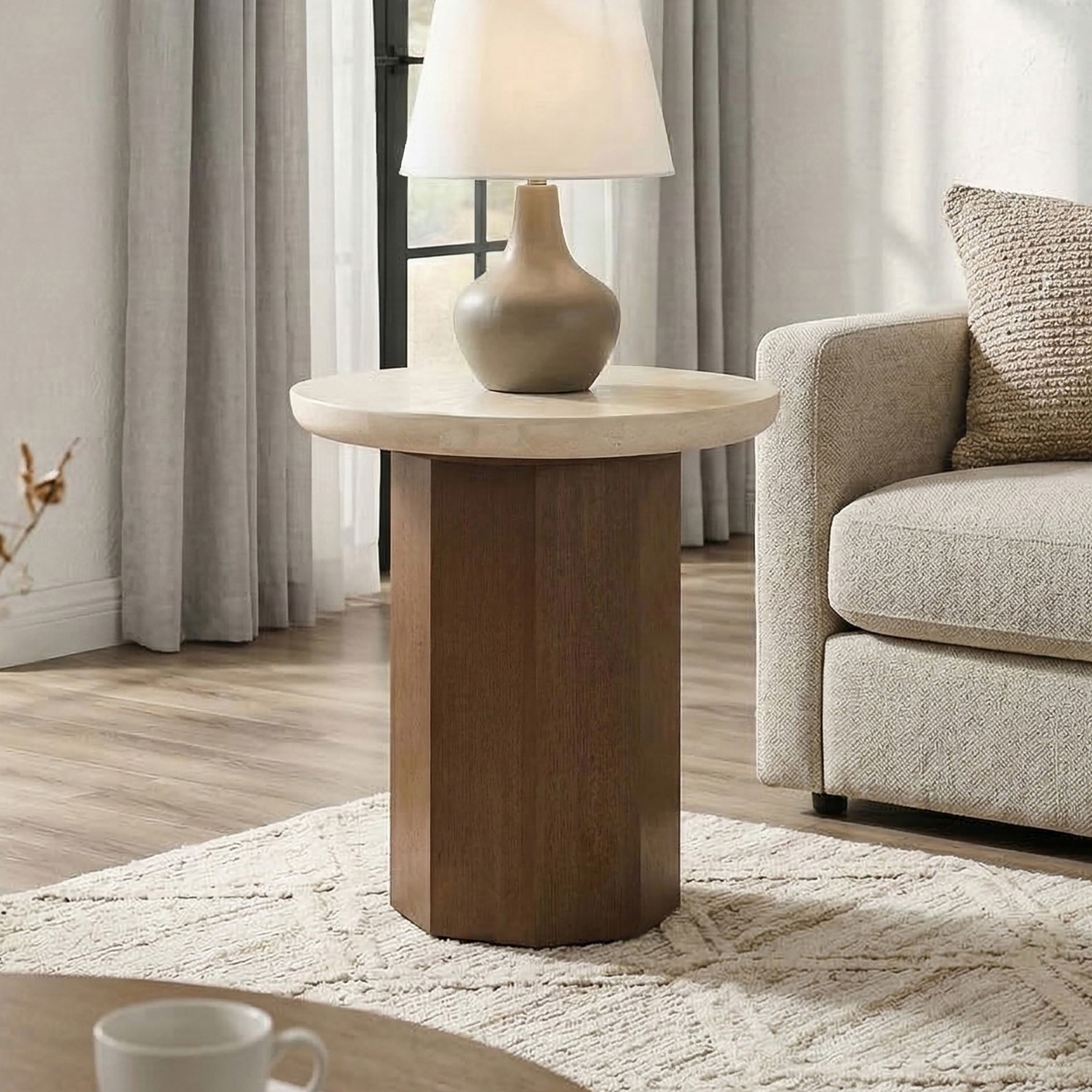 Furniture Of America Elrik Modern Brown Oak Wood Pedestal Base End Table With Yellow Bullnose Profile Edge Travertine Top