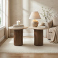 Furniture Of America Elrik Modern Brown Oak Wood Pedestal Base End Table With Yellow Rounded Edge Travertine Top Set Of 2