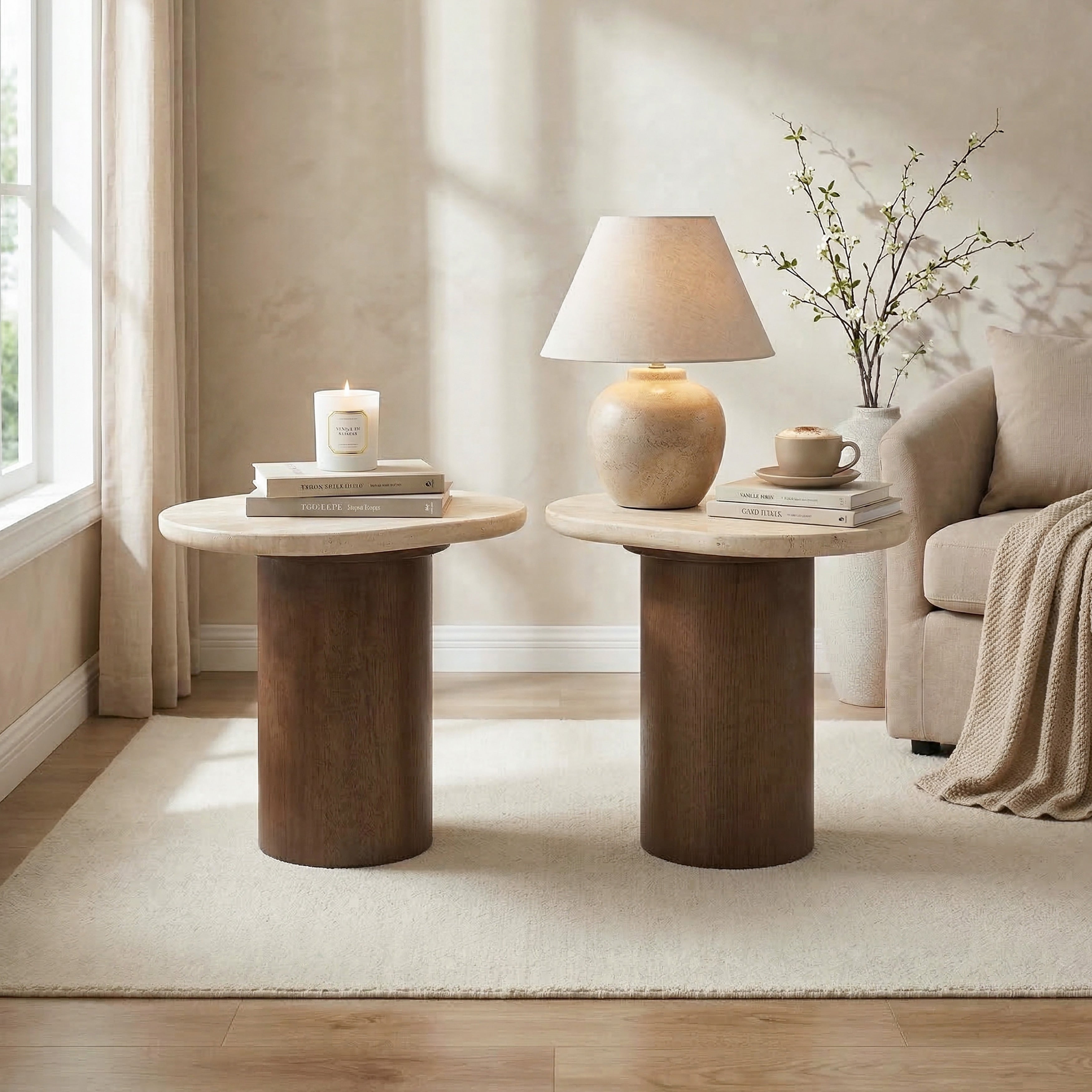 Furniture Of America Elrik Modern Brown Oak Wood Pedestal Base End Table With Yellow Rounded Edge Travertine Top Set Of 2