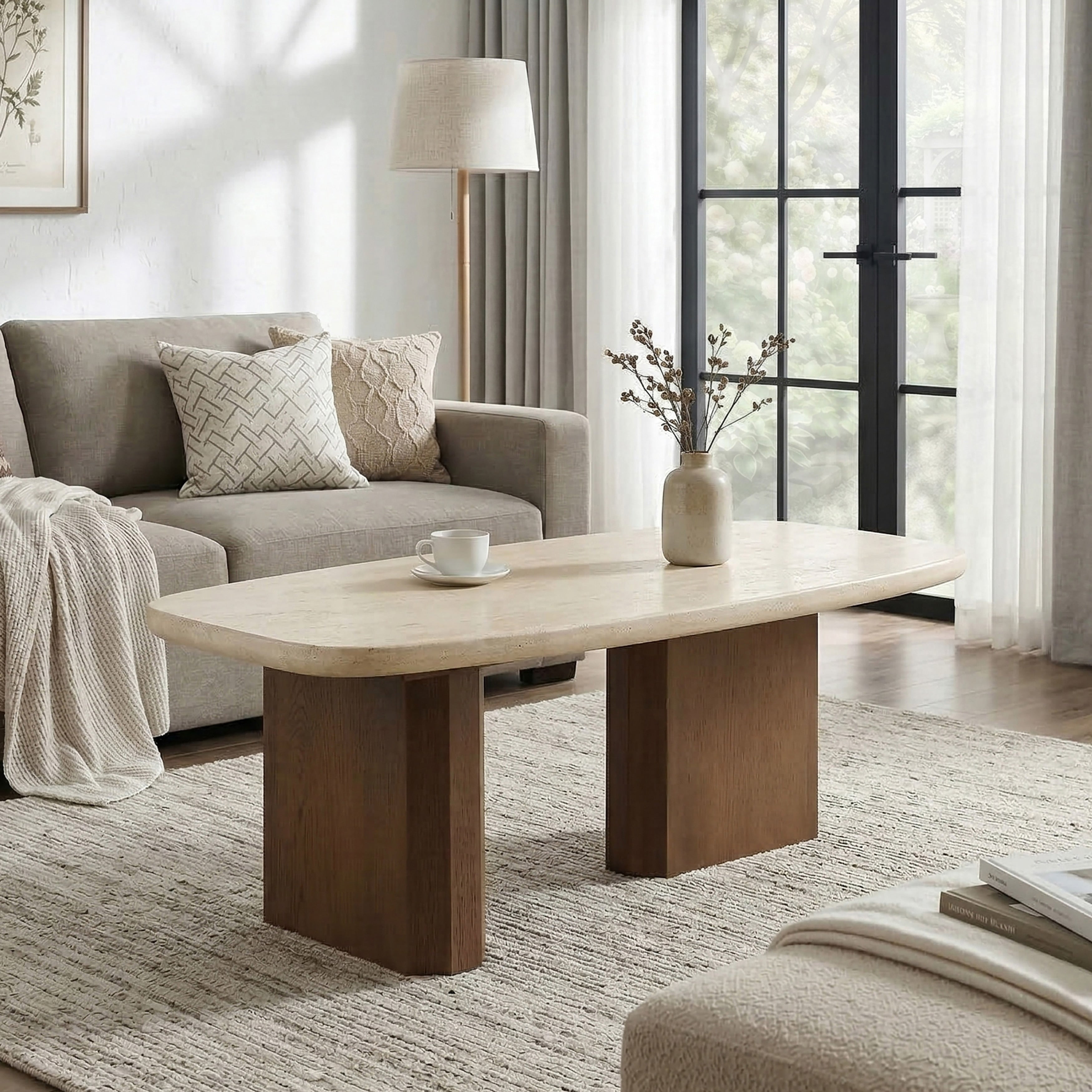 Furniture Of America Elrik Modern Brown Oak Wood Trestle Base Coffee Table With Yellow Bullnose Profile Edge Travertine Top