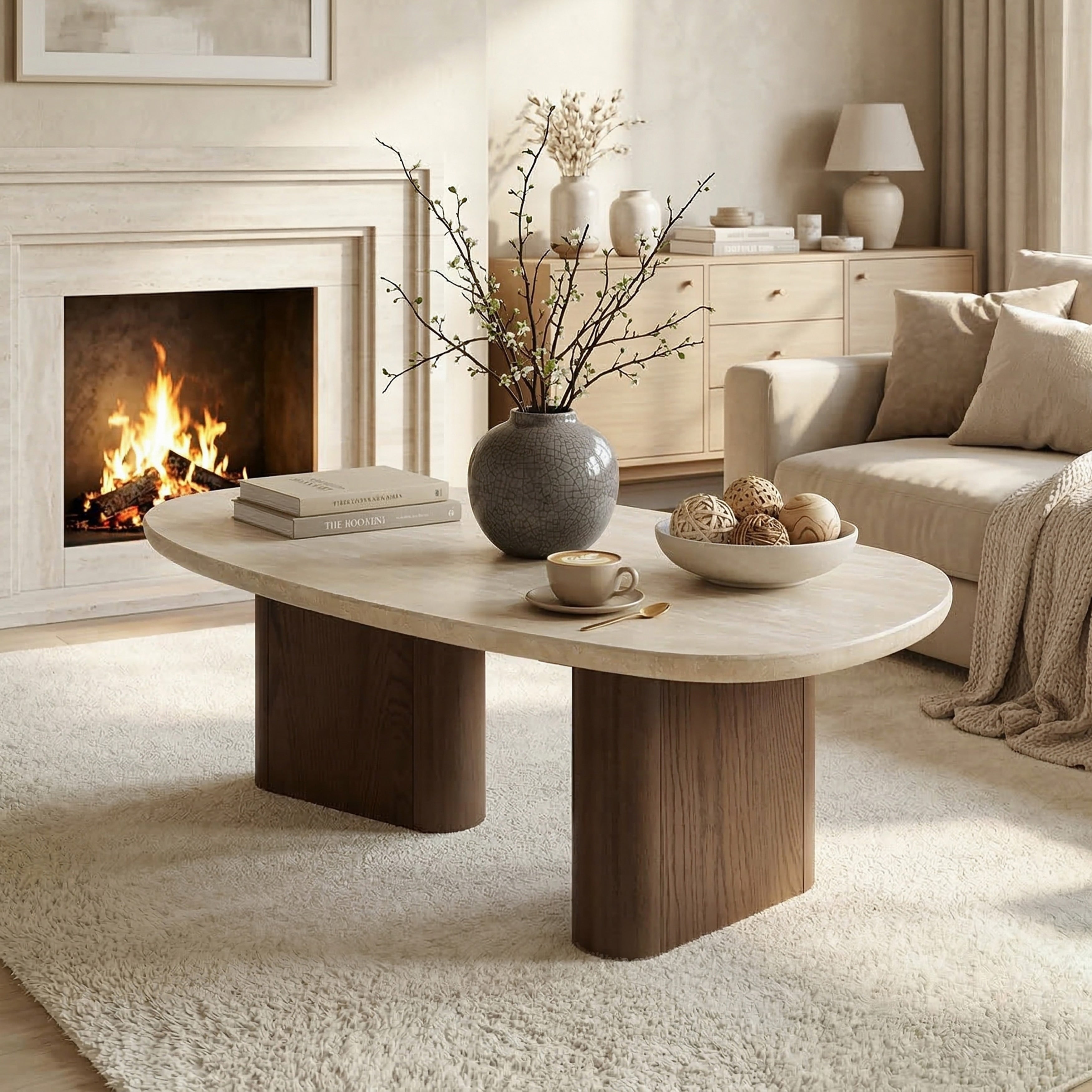 Furniture Of America Elrik Modern Brown Oak Wood Trestle Base Coffee Table With Yellow Rounded Edge Travertine Top