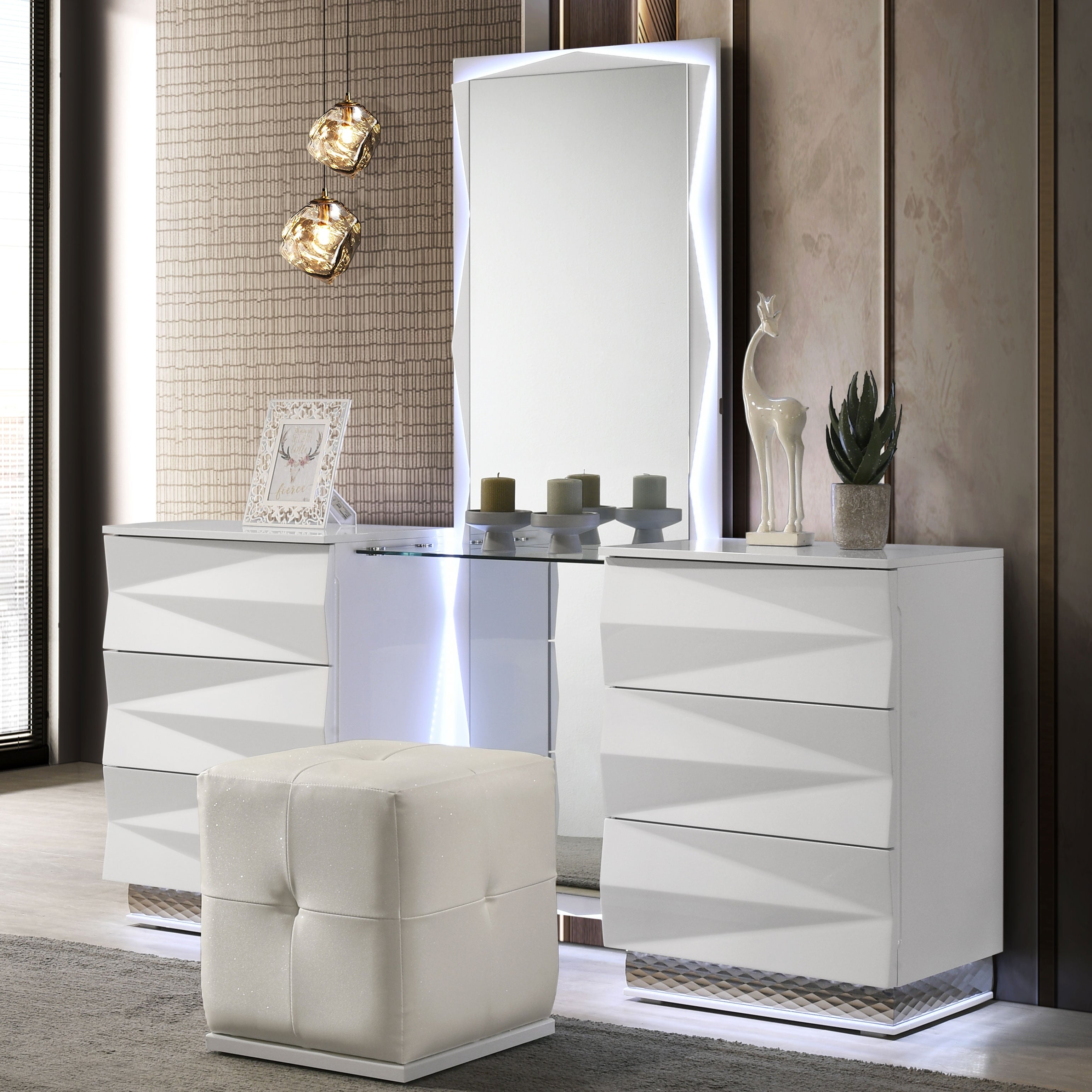 Furniture Of America Emrix Modern 2 Piece White 6 Drawer Vanity Set With Led Light And Full Length Mirror