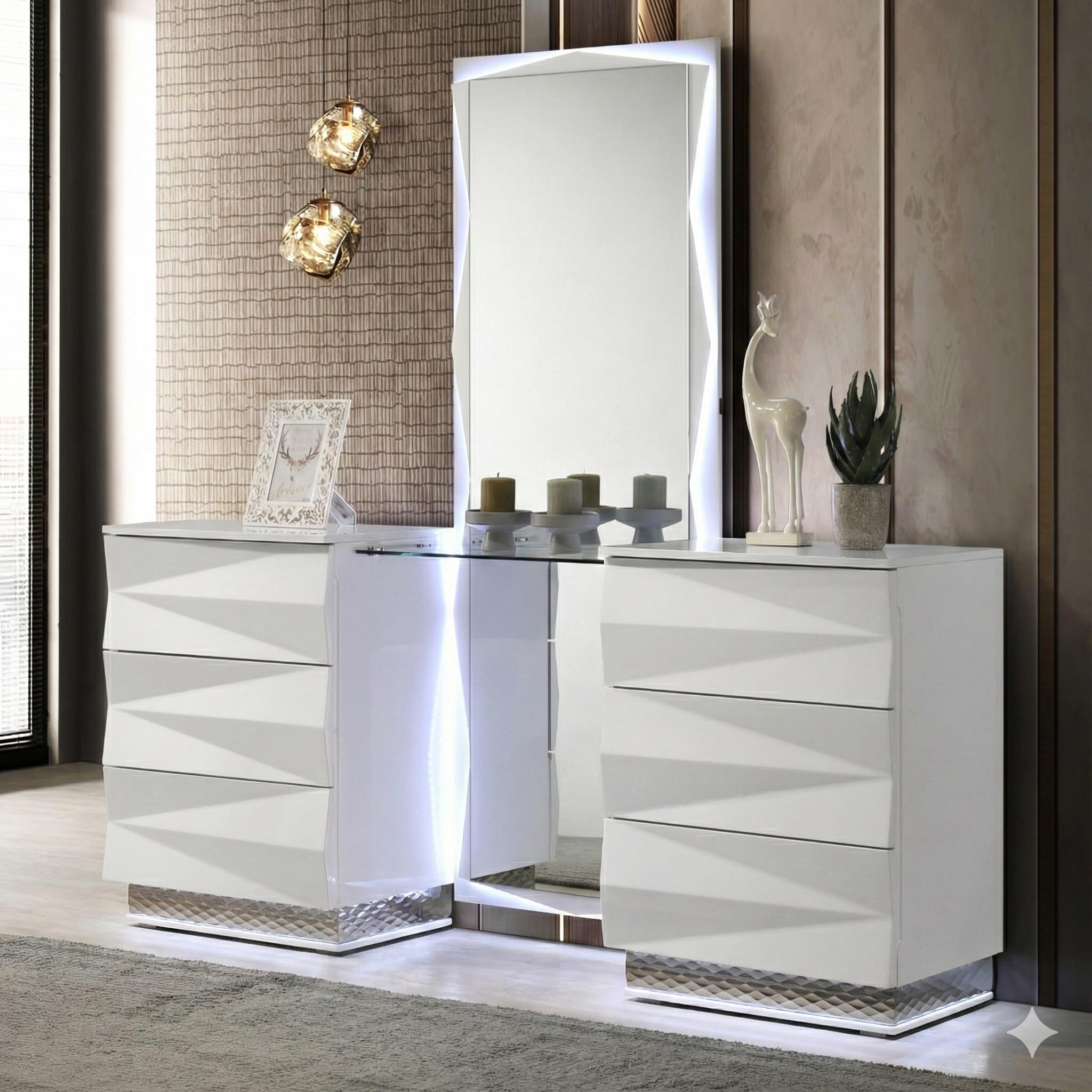 Furniture Of America Emrix Modern White 6 Drawer Vanity With Led Light And Full Length Mirror