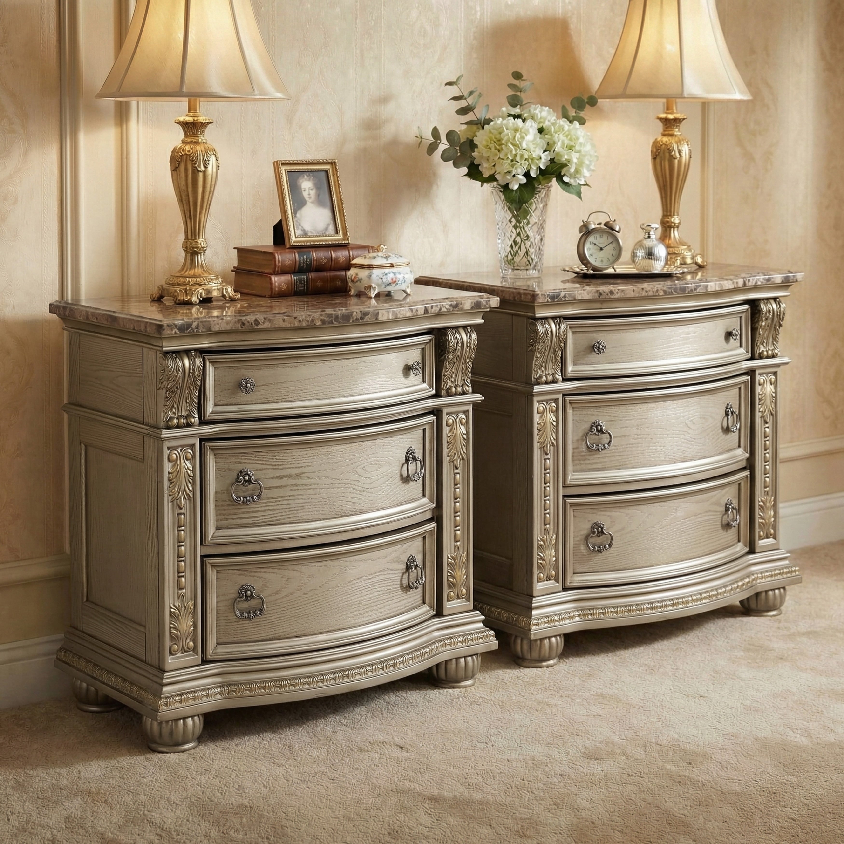 Furniture Of America Etane Traditional Gold Champagne Genuine Marble Top 3 Drawer Nightstand Set Of 2