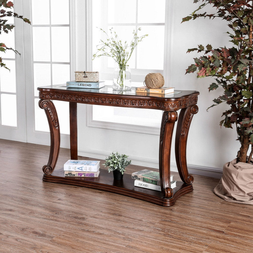 Furniture Of America Farrell Traditional Dark Oak Glass Top Entryway Sofa Table