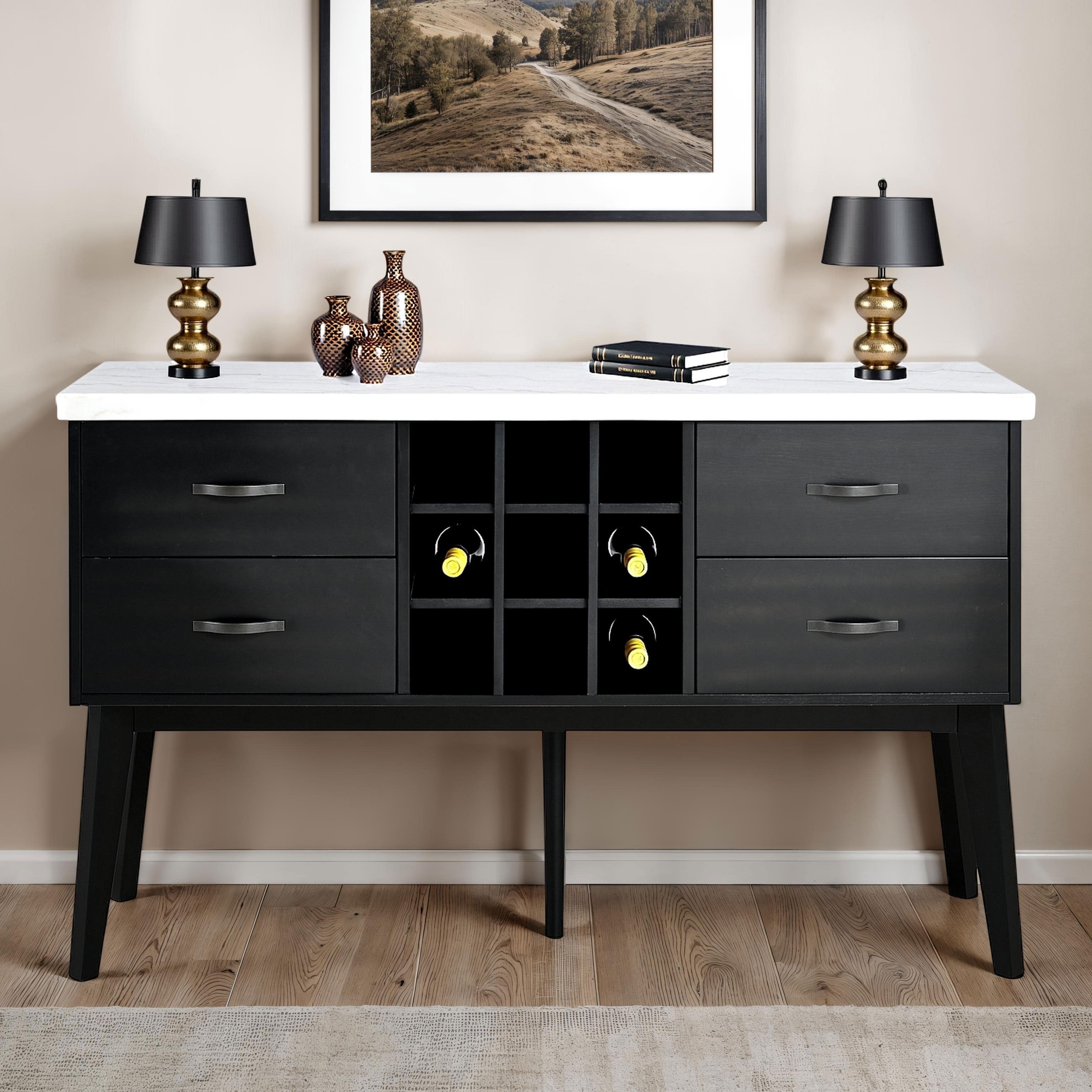 Furniture Of America Fieny Modern Black And White Genuine Marble Dining Server Cabinet With Bottle Wine Rack