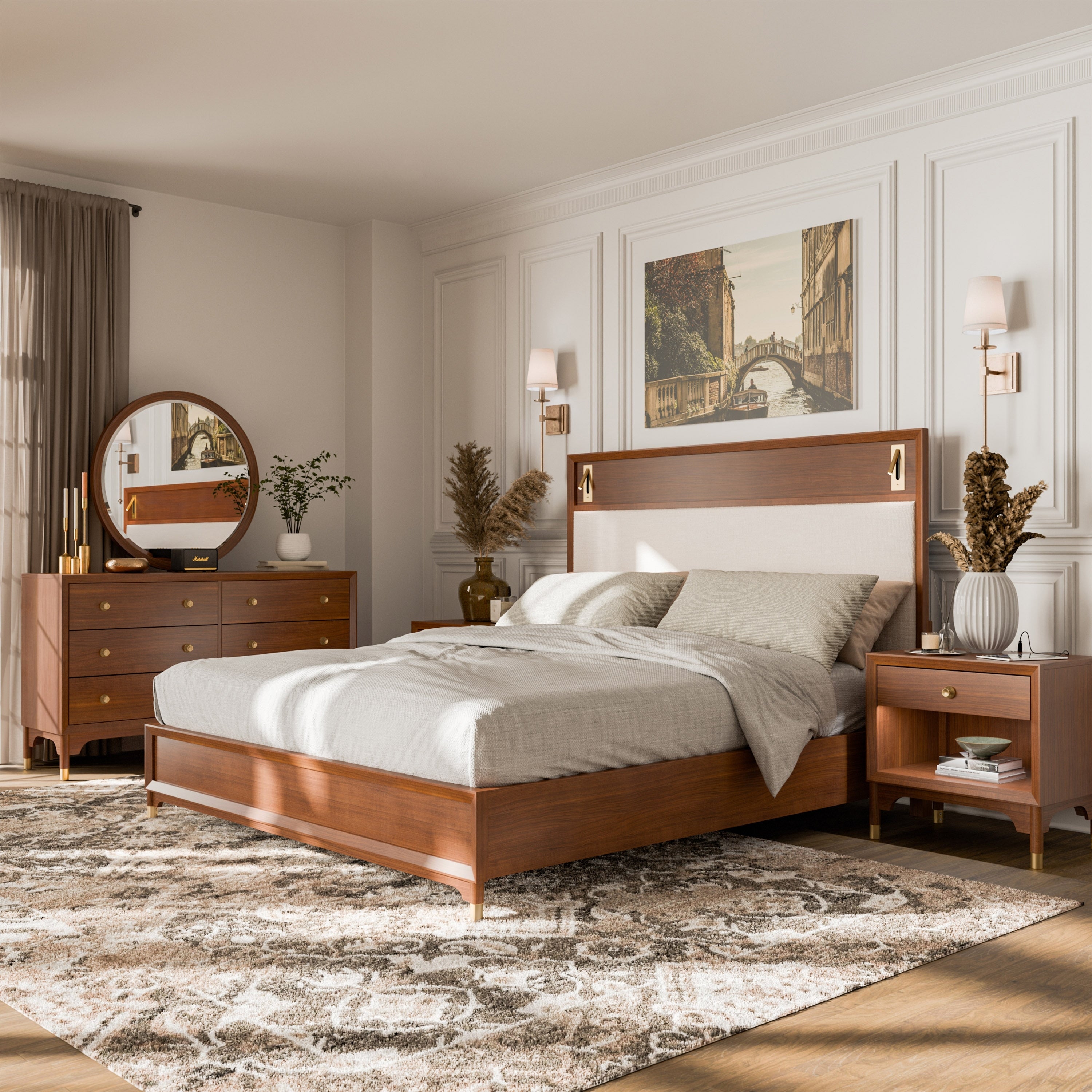Furniture Of America Forma Mid Century Modern 5 Piece Walnut Solid Wood Platform Bedroom Set