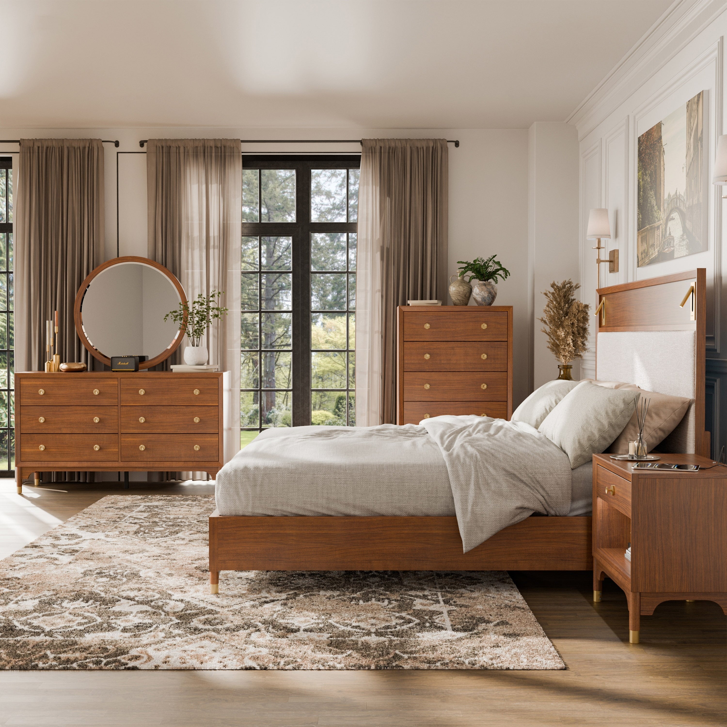 Furniture Of America Forma Mid Century Modern 6 Piece Walnut Solid Wood Platform Bedroom Set