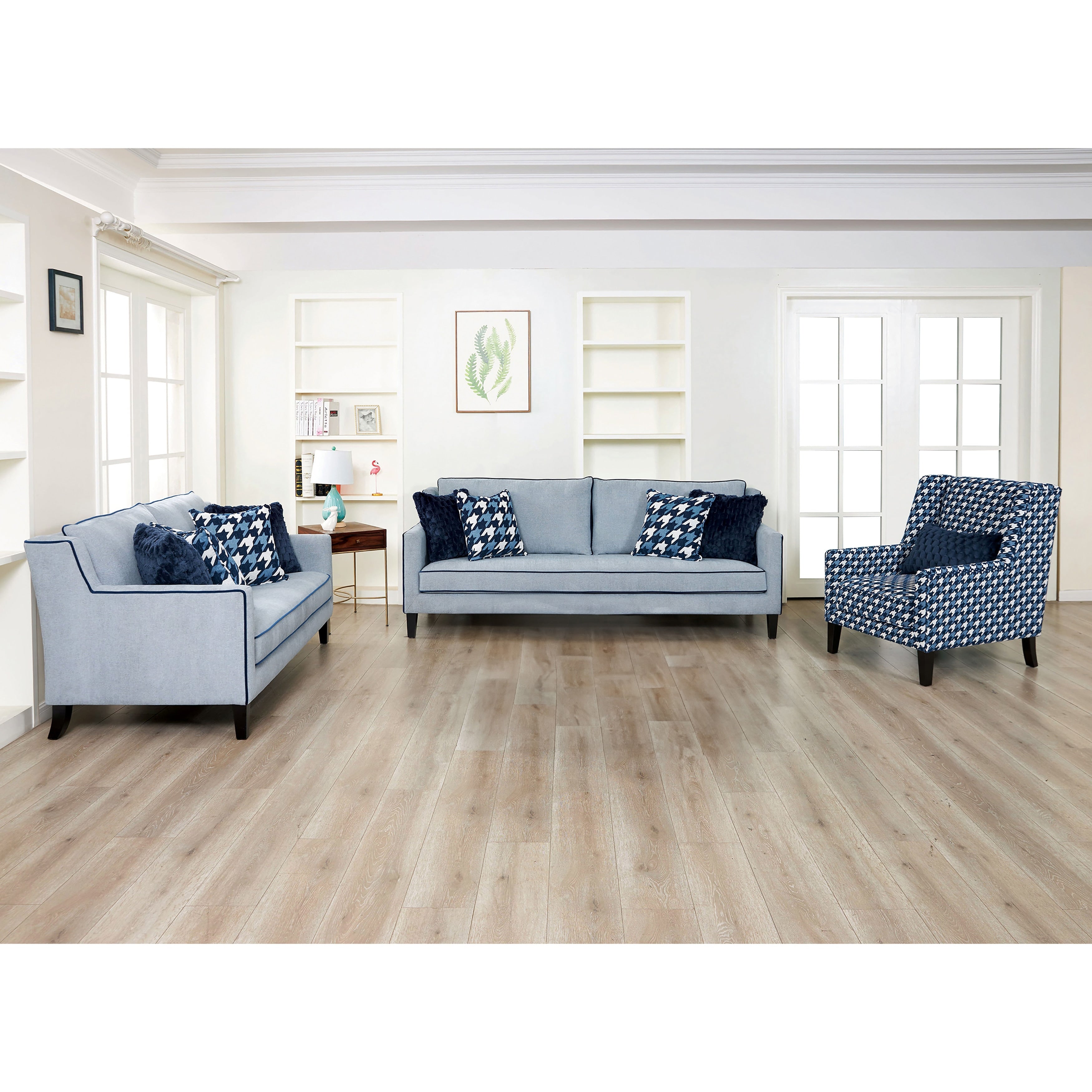 Furniture Of America Gregen 3 Piece Grey And Blue Kiln Dried Wooden Frame Sofa Set With Pillows