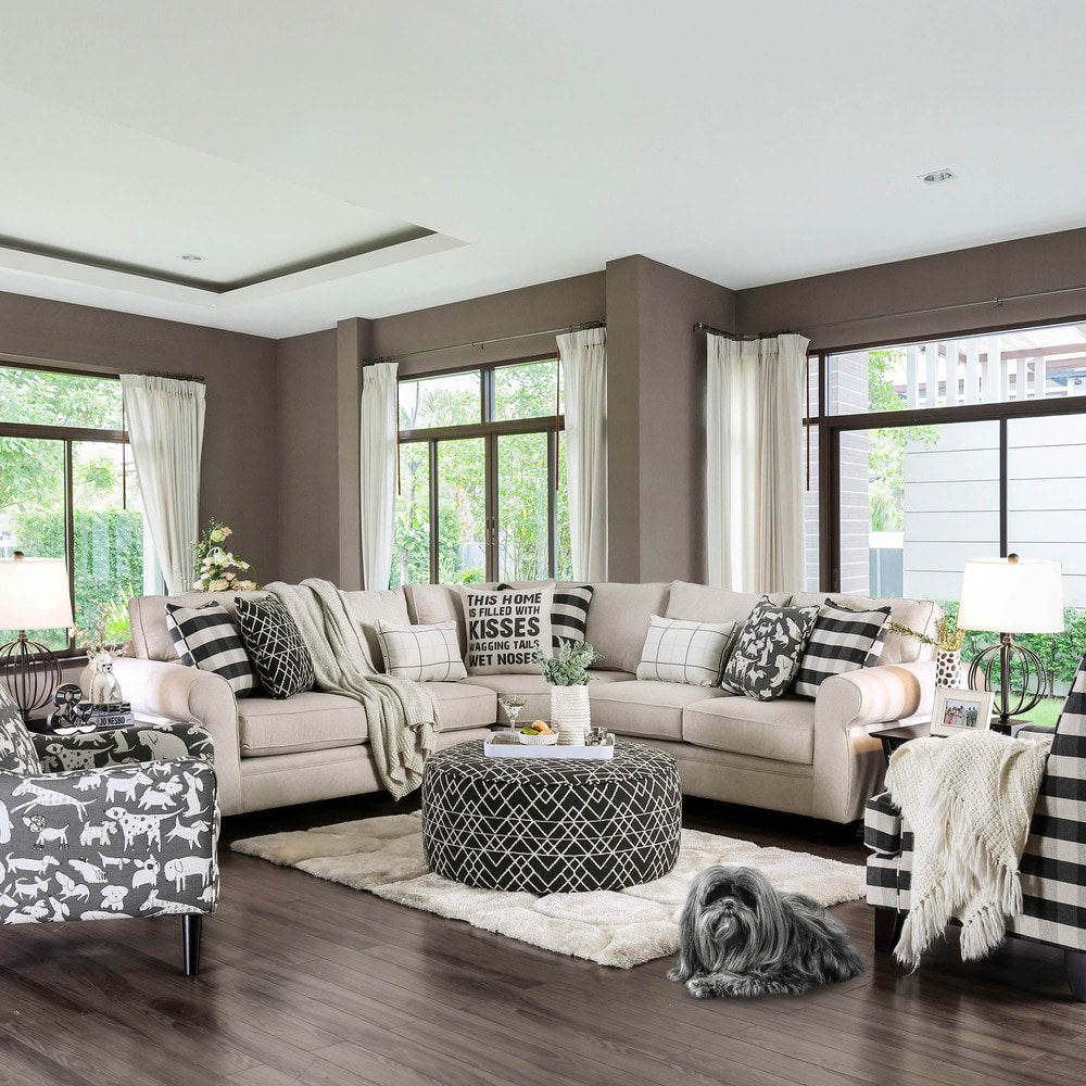 Furniture Of America Gregory Contemporary Ivory Chenille Fabric Stain Resistant Sectional