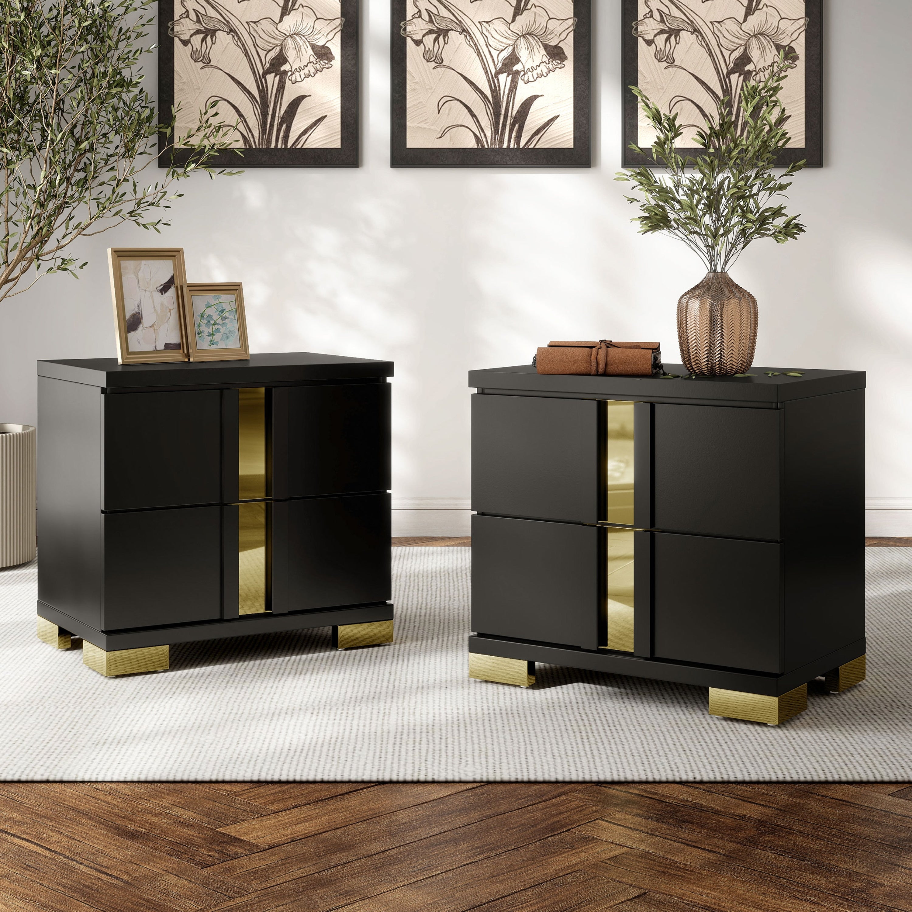 Furniture Of America Halifax Modern Rubberwood Black 2 Drawer Nightstand Set Of 2