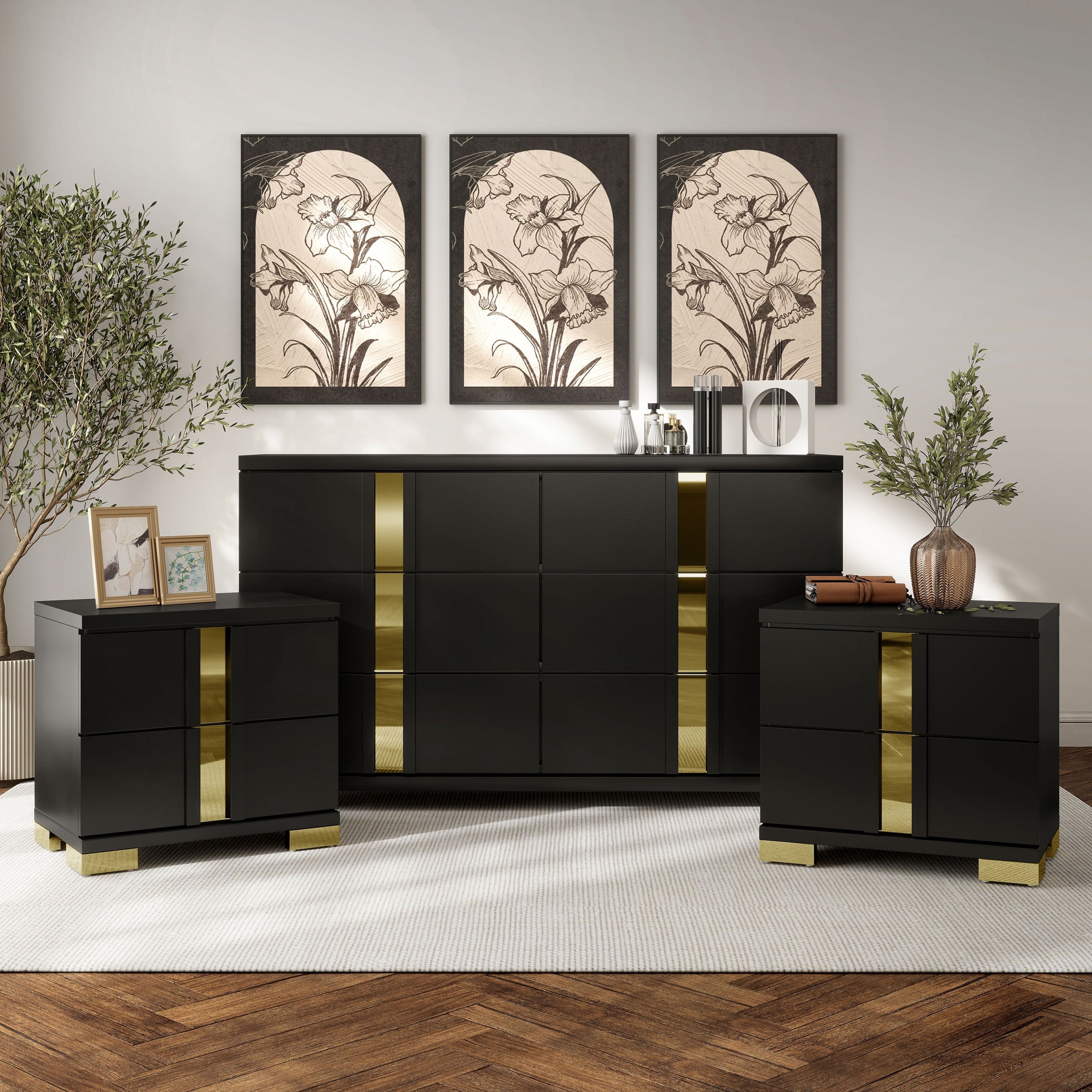 Furniture Of America Halifax Modern Rubberwood Black Dresser And 2 Nightstand Bedroom Set