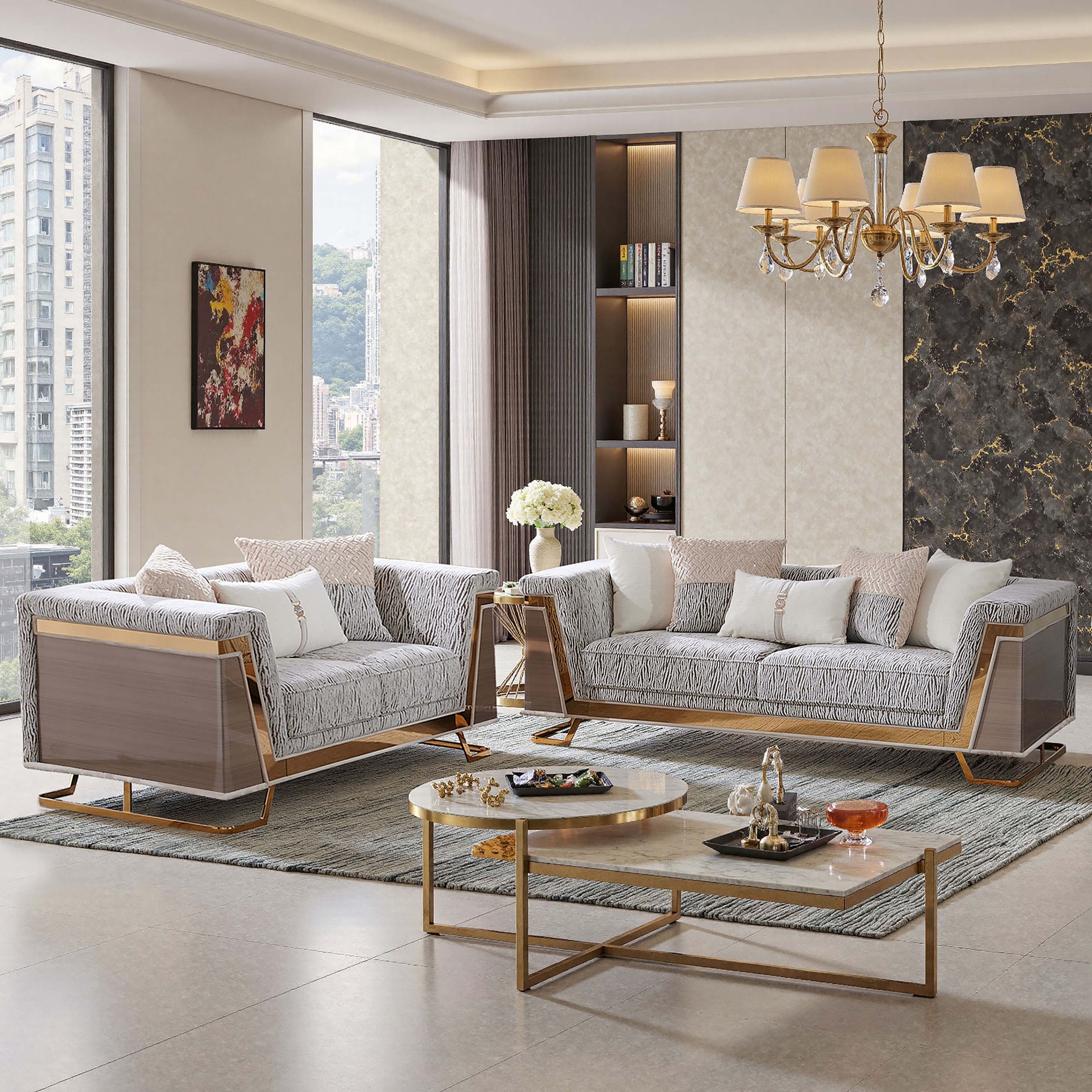 Furniture Of America Idria Glam 2 Piece Gold Wood Animal Print Sofa Set With Accent Pillows